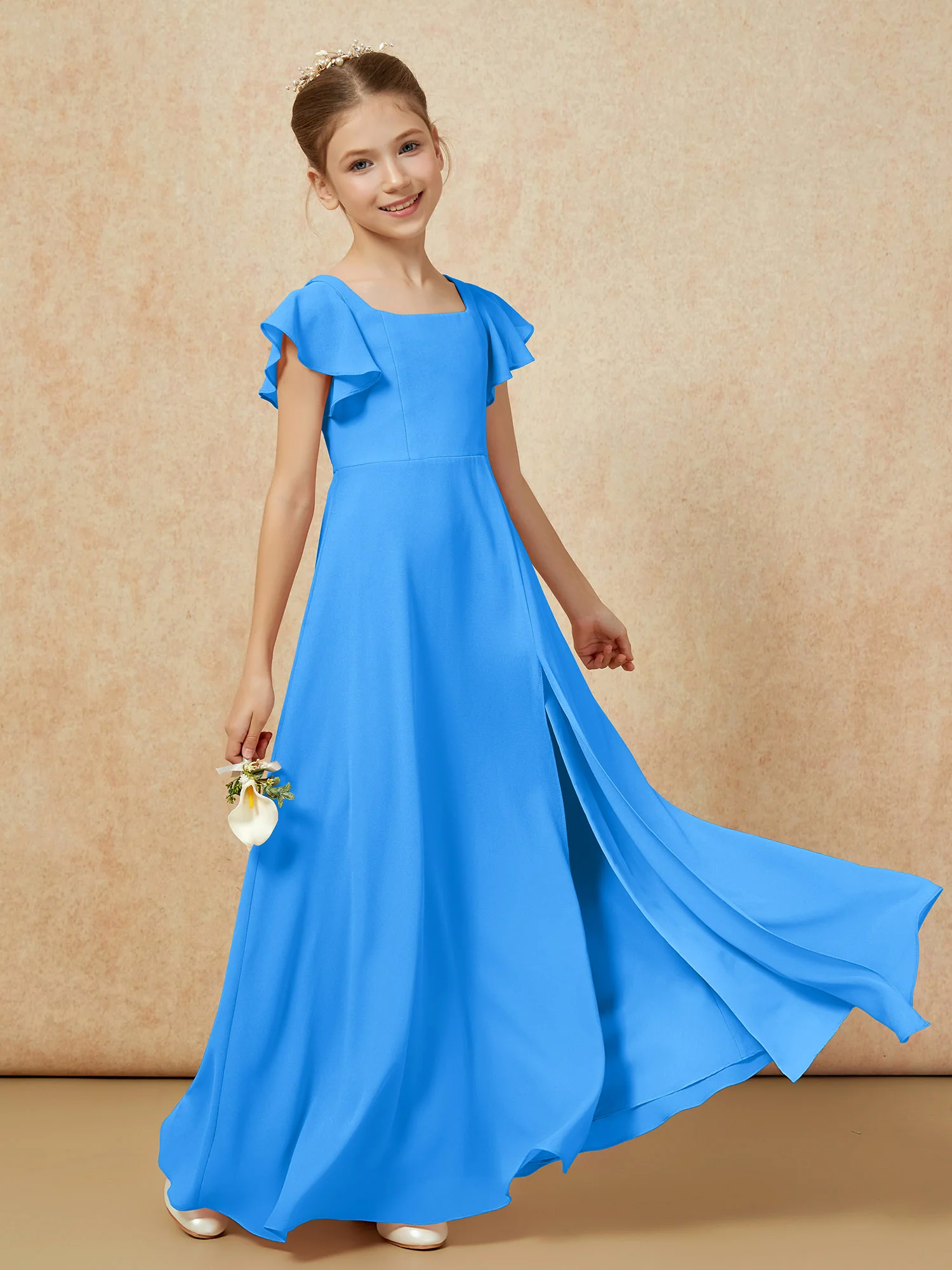 Flutter Sleeves Long Junior Bridesmaid Dresses With Slit Ocean Blue - Image 6