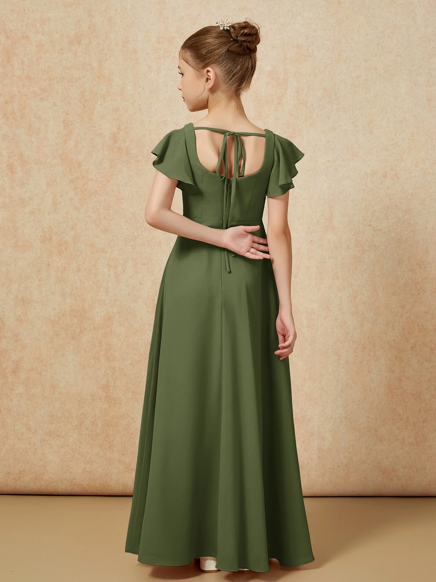 Flutter Sleeves Long Junior Bridesmaid Dresses With Slit Olive Green - Image 2