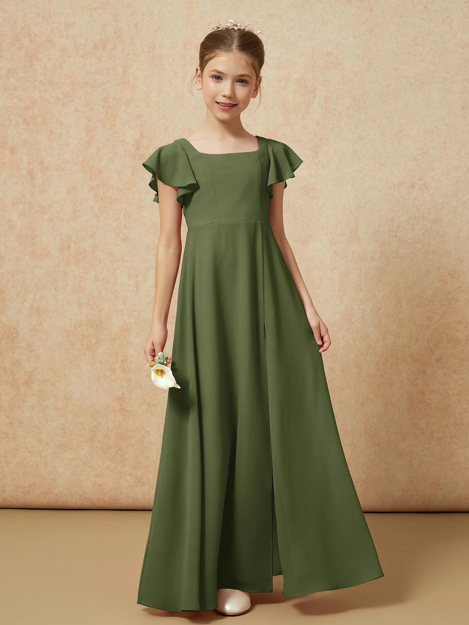 Flutter Sleeves Long Junior Bridesmaid Dresses With Slit Olive Green - Image 4
