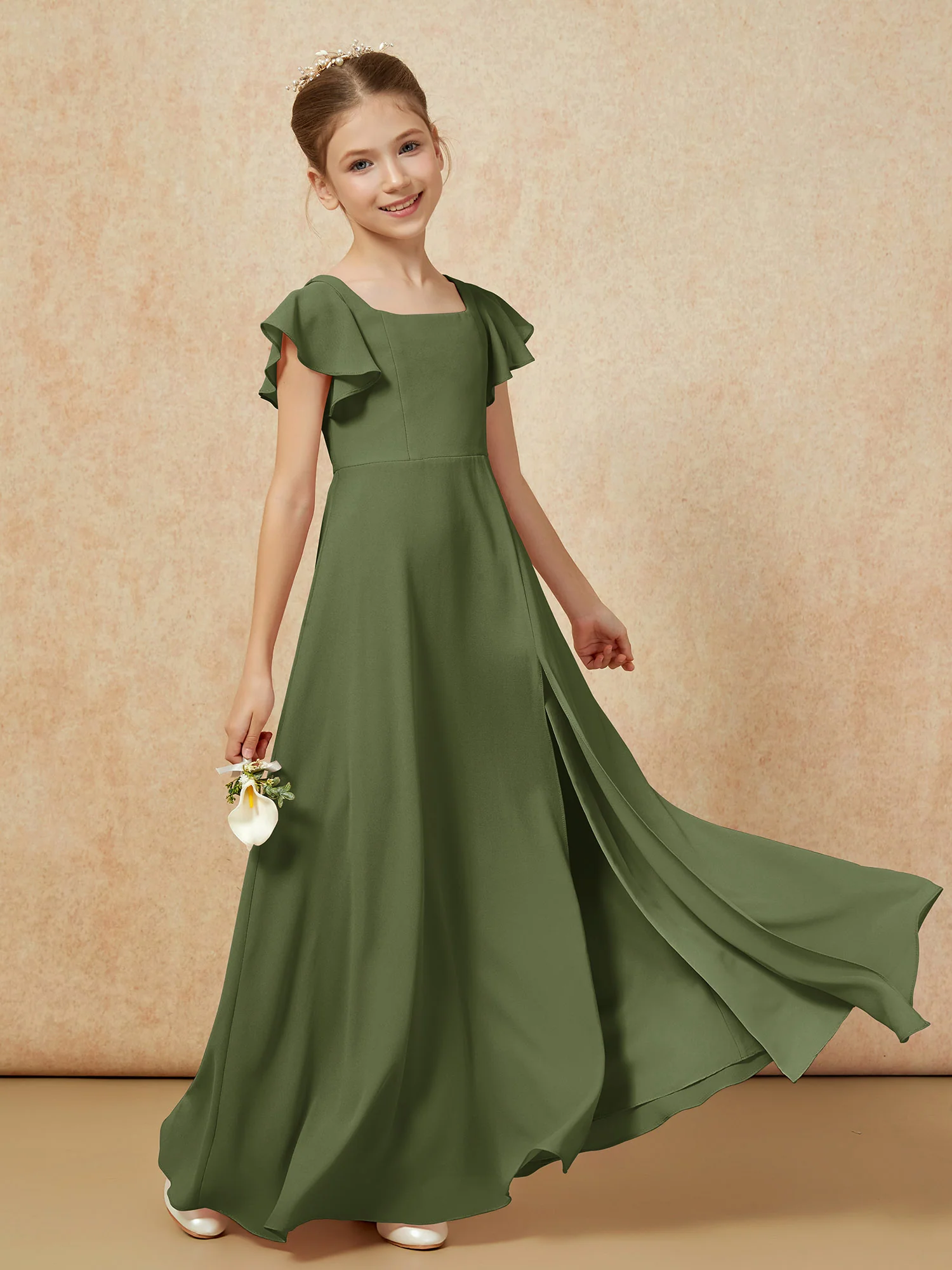 Flutter Sleeves Long Junior Bridesmaid Dresses With Slit Olive Green - Image 6
