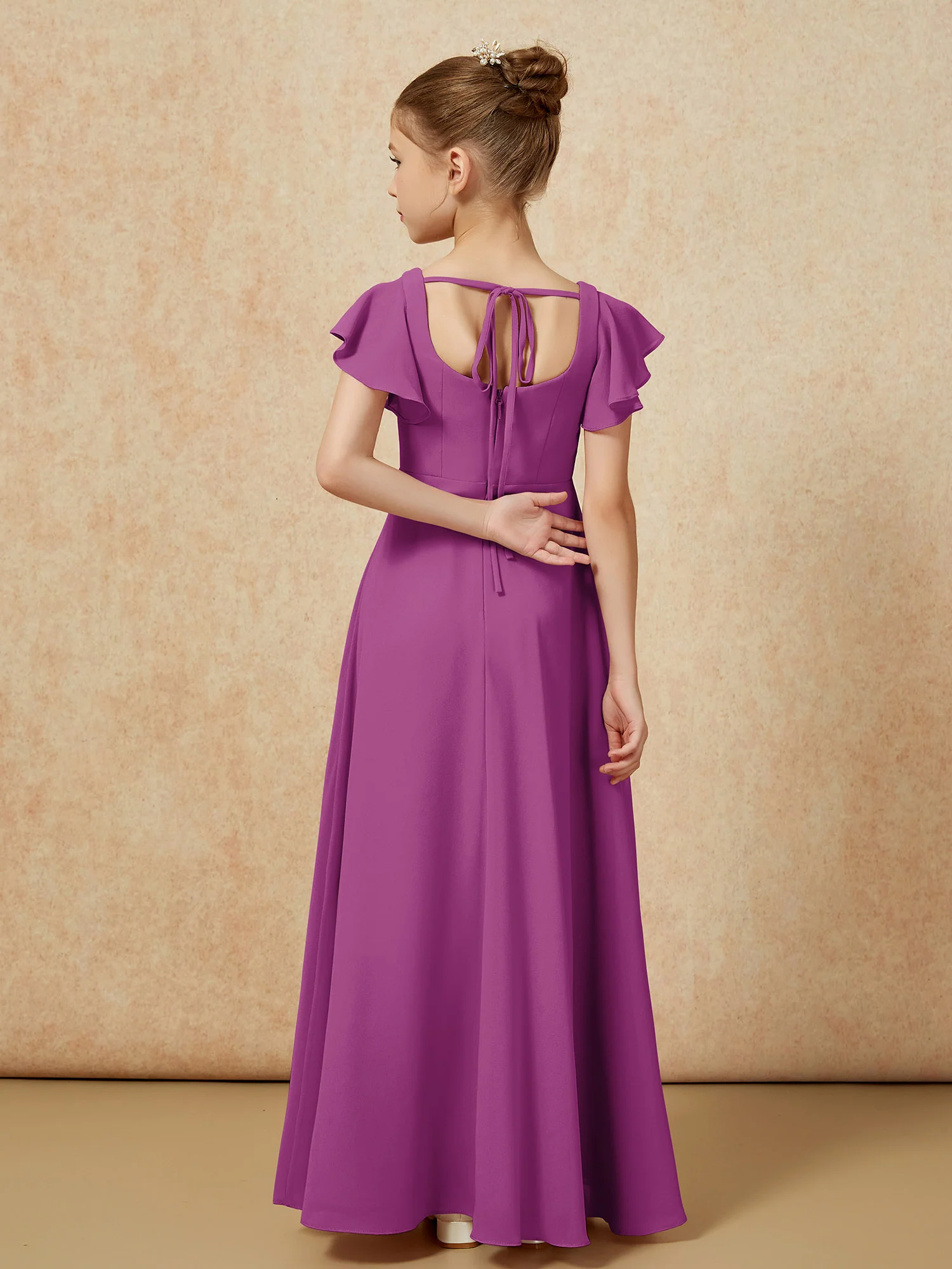 Flutter Sleeves Long Junior Bridesmaid Dresses With Slit Orchid - Image 2