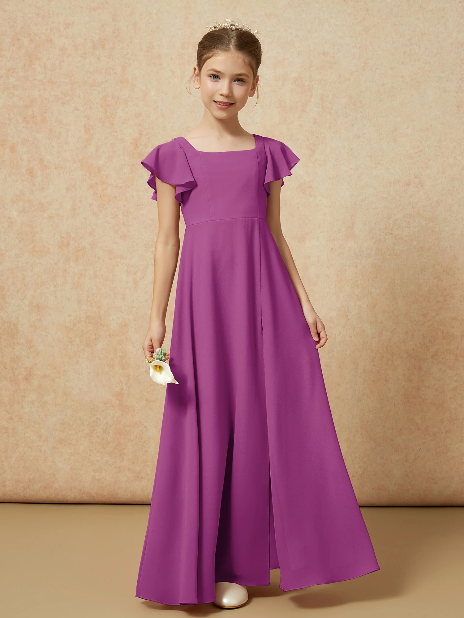 Flutter Sleeves Long Junior Bridesmaid Dresses With Slit Orchid - Image 4
