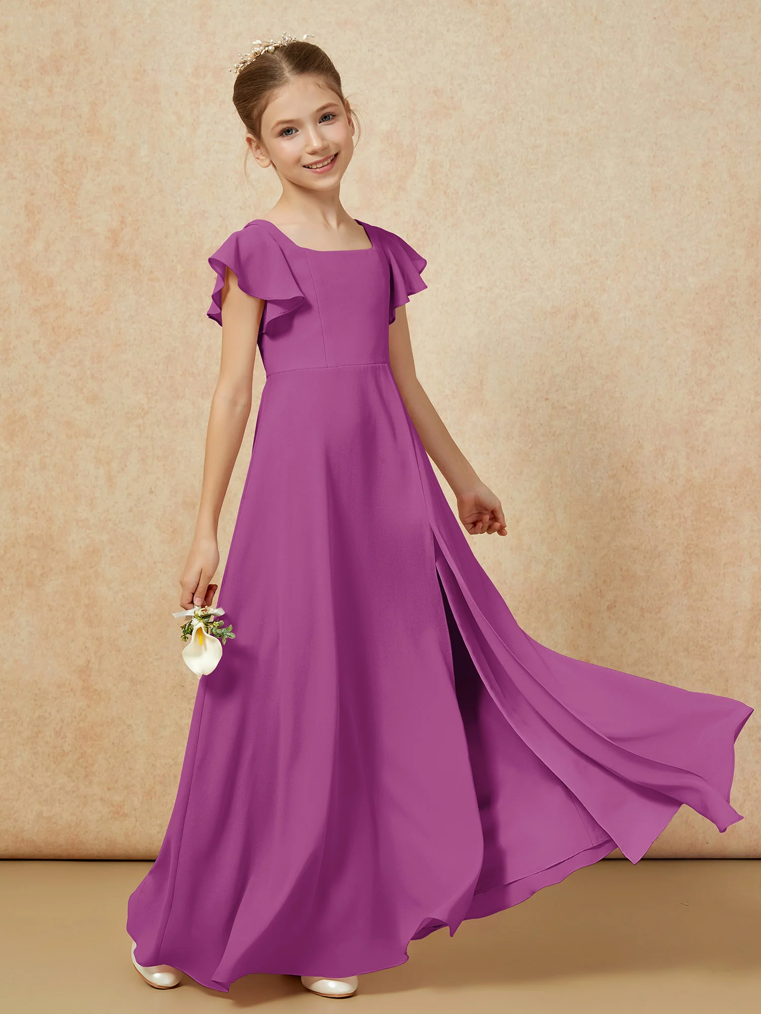 Flutter Sleeves Long Junior Bridesmaid Dresses With Slit Orchid - Image 6