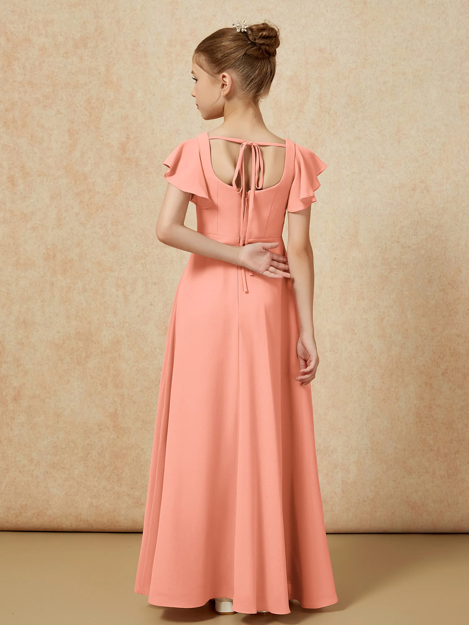 Flutter Sleeves Long Junior Bridesmaid Dresses With Slit Papaya - Image 2
