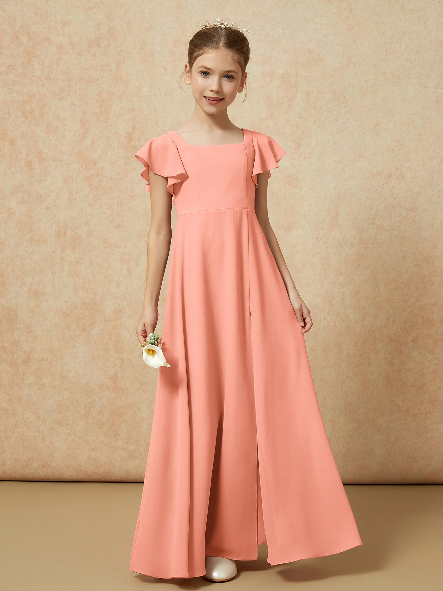 Flutter Sleeves Long Junior Bridesmaid Dresses With Slit Papaya - Image 4