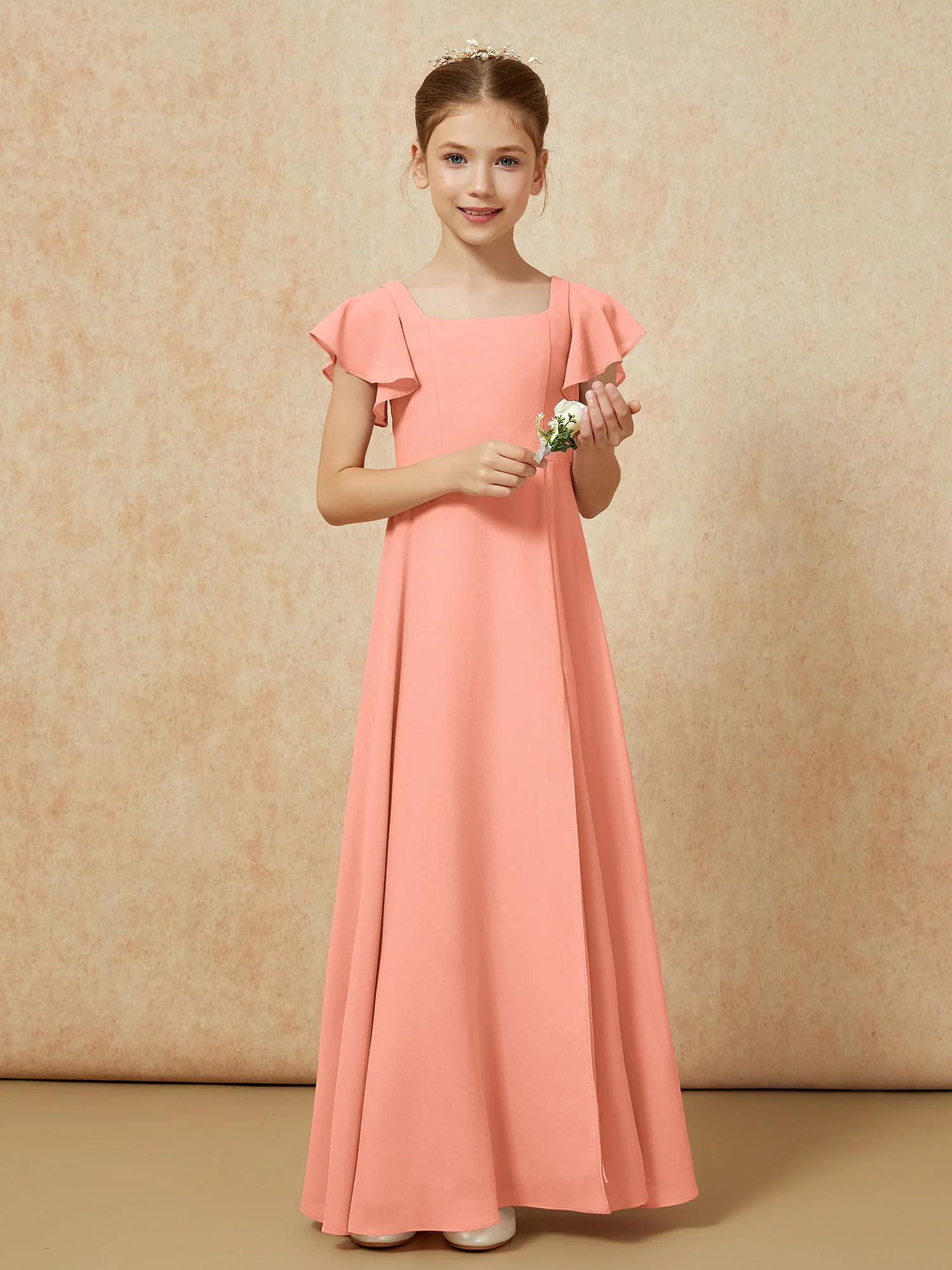 Flutter Sleeves Long Junior Bridesmaid Dresses With Slit Papaya - Image 5