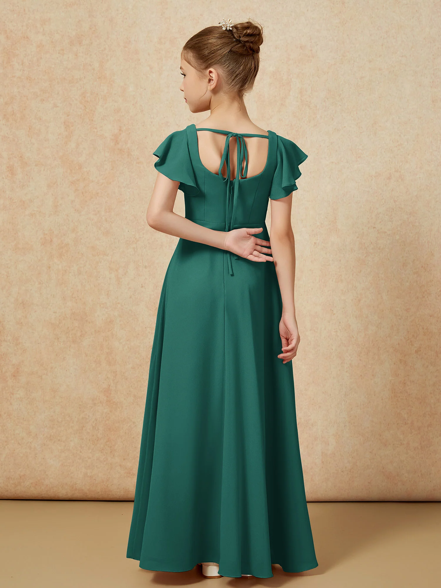 Flutter Sleeves Long Junior Bridesmaid Dresses With Slit Peacock - Image 2
