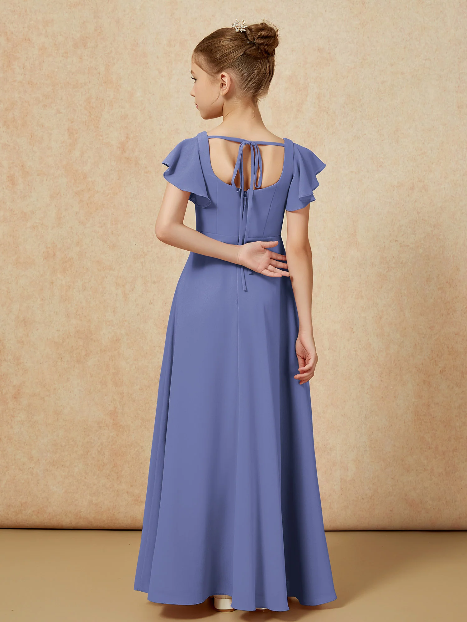 Flutter Sleeves Long Junior Bridesmaid Dresses With Slit Periwinkle - Image 2