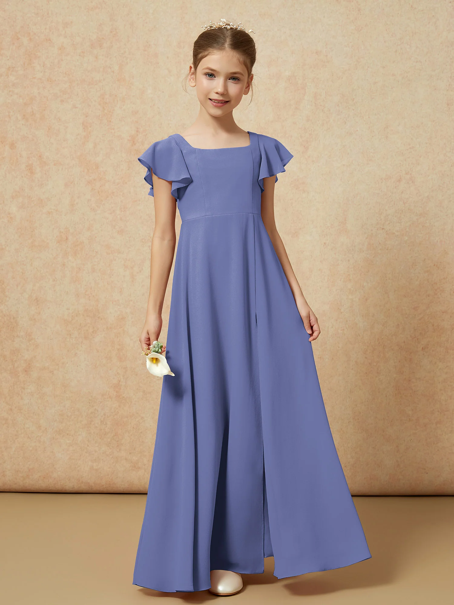 Flutter Sleeves Long Junior Bridesmaid Dresses With Slit Periwinkle - Image 4