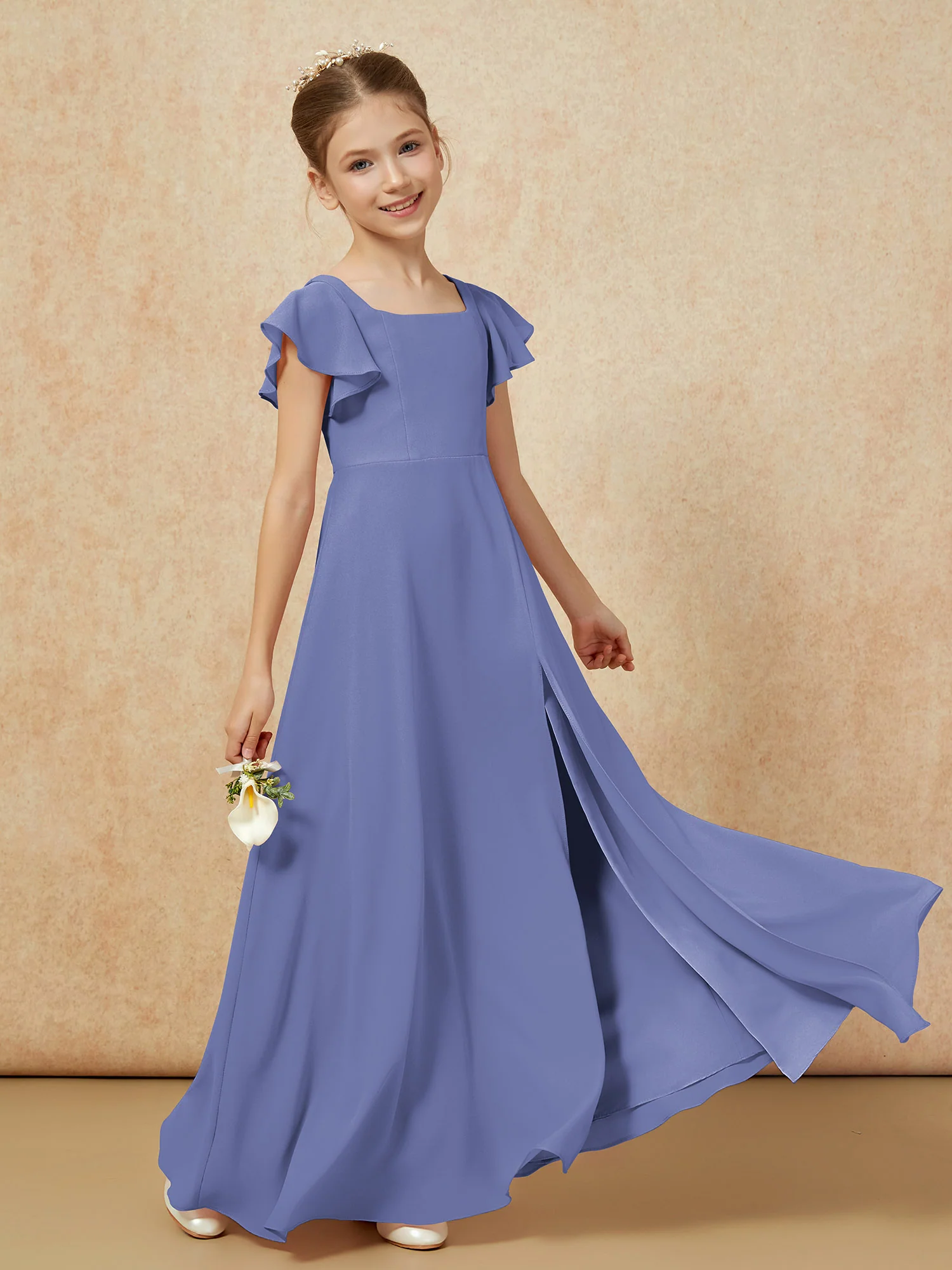 Flutter Sleeves Long Junior Bridesmaid Dresses With Slit Periwinkle - Image 6