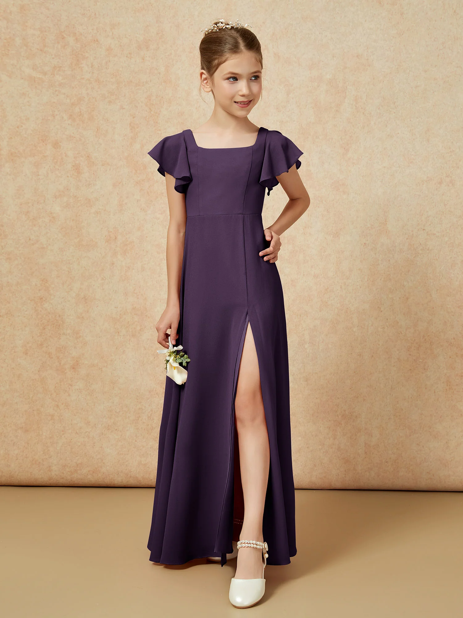 Flutter Sleeves Long Junior Bridesmaid Dresses With Slit Plum
