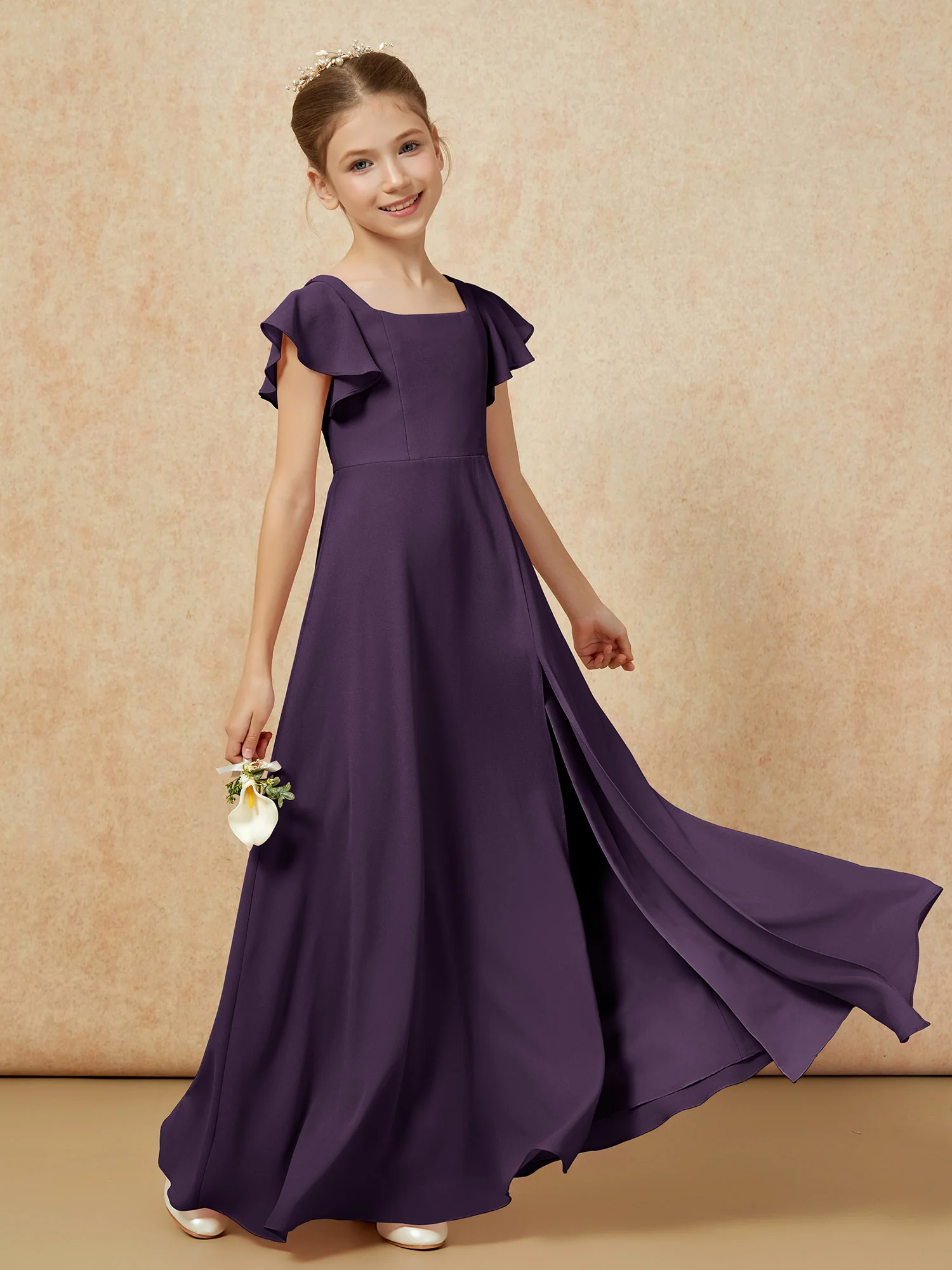 Flutter Sleeves Long Junior Bridesmaid Dresses With Slit Plum - Image 6