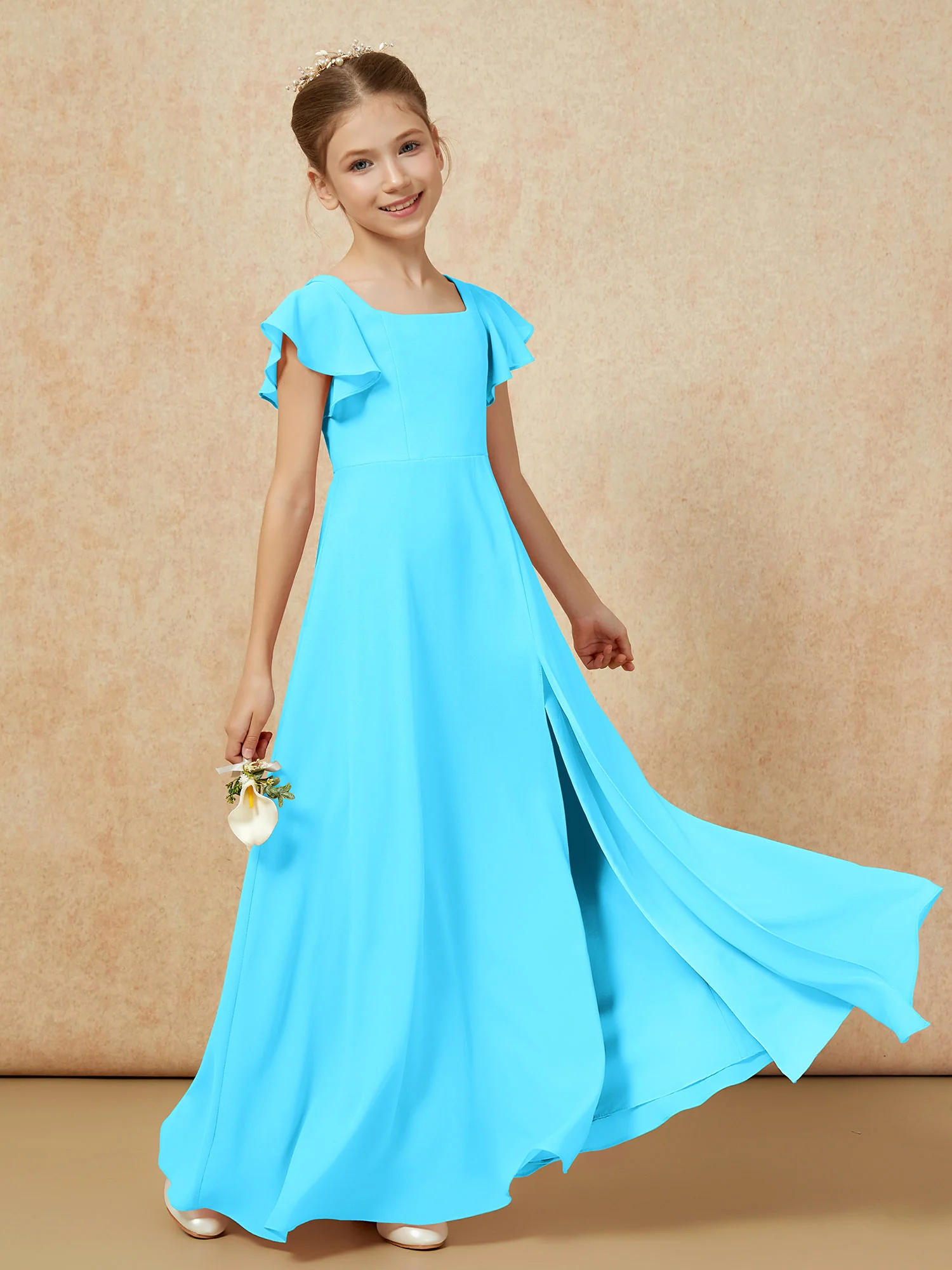 Flutter Sleeves Long Junior Bridesmaid Dresses With Slit Pool - Image 6