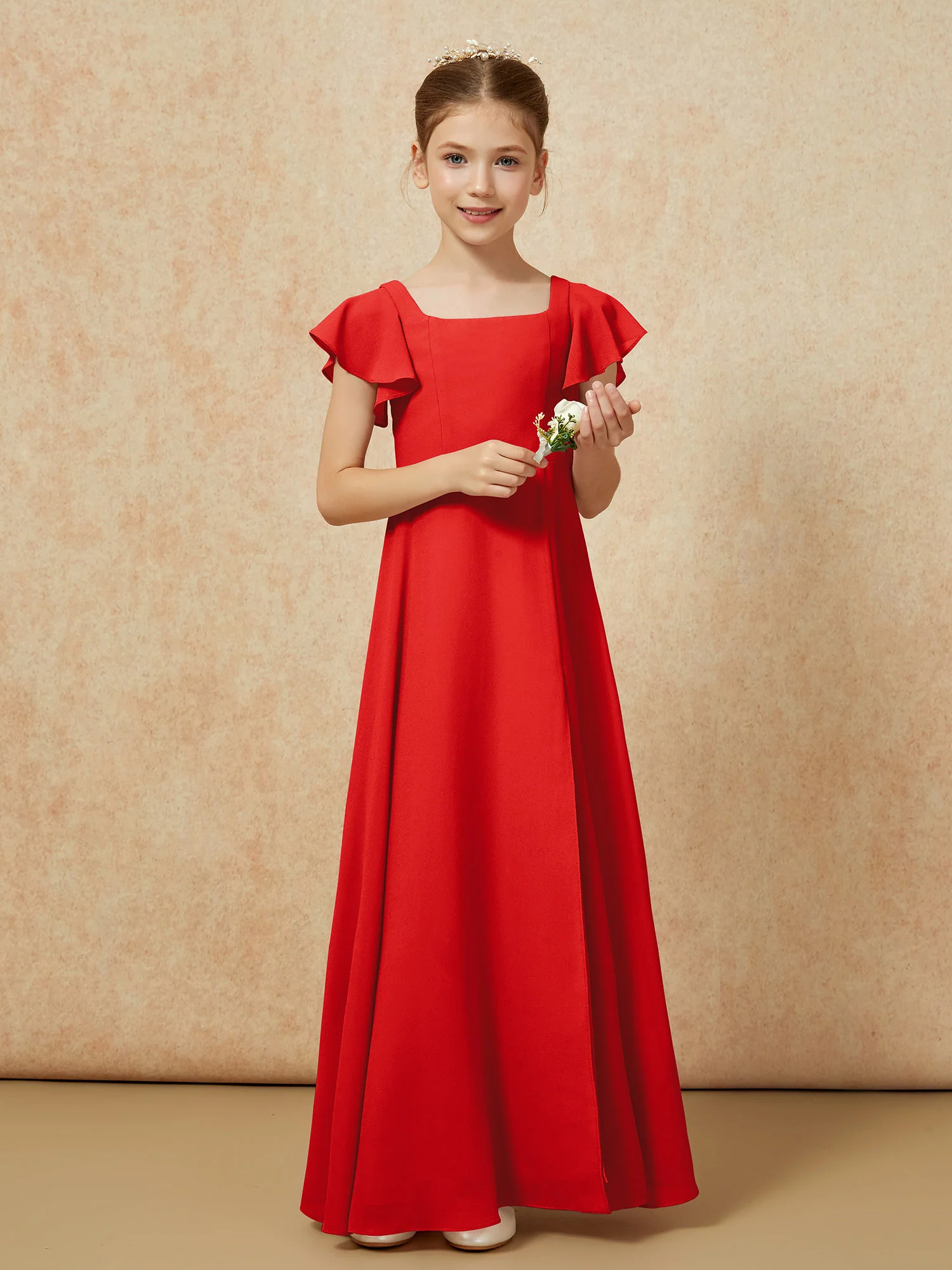 Flutter Sleeves Long Junior Bridesmaid Dresses With Slit Red - Image 5