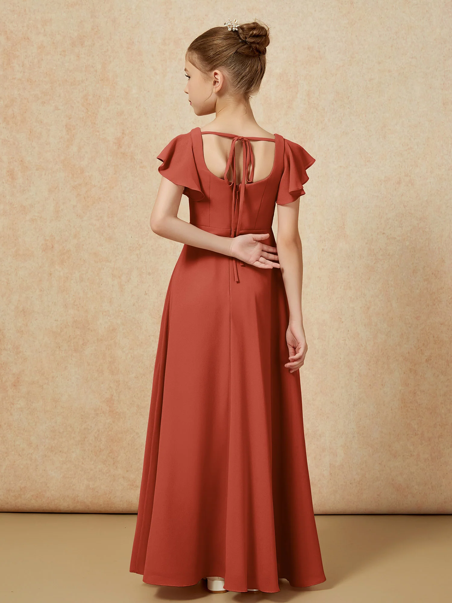 Flutter Sleeves Long Junior Bridesmaid Dresses With Slit Rust - Image 2