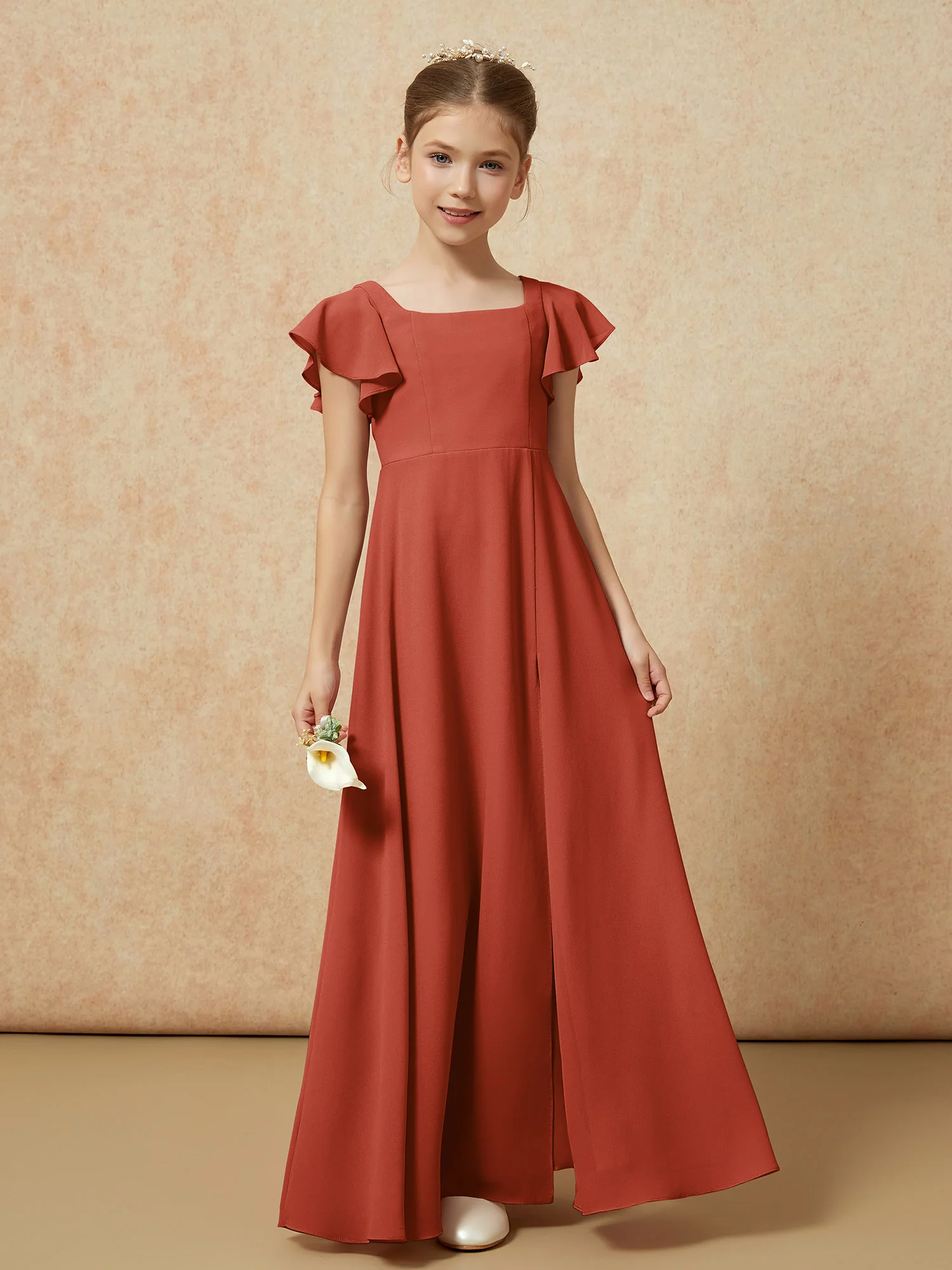 Flutter Sleeves Long Junior Bridesmaid Dresses With Slit Rust - Image 4