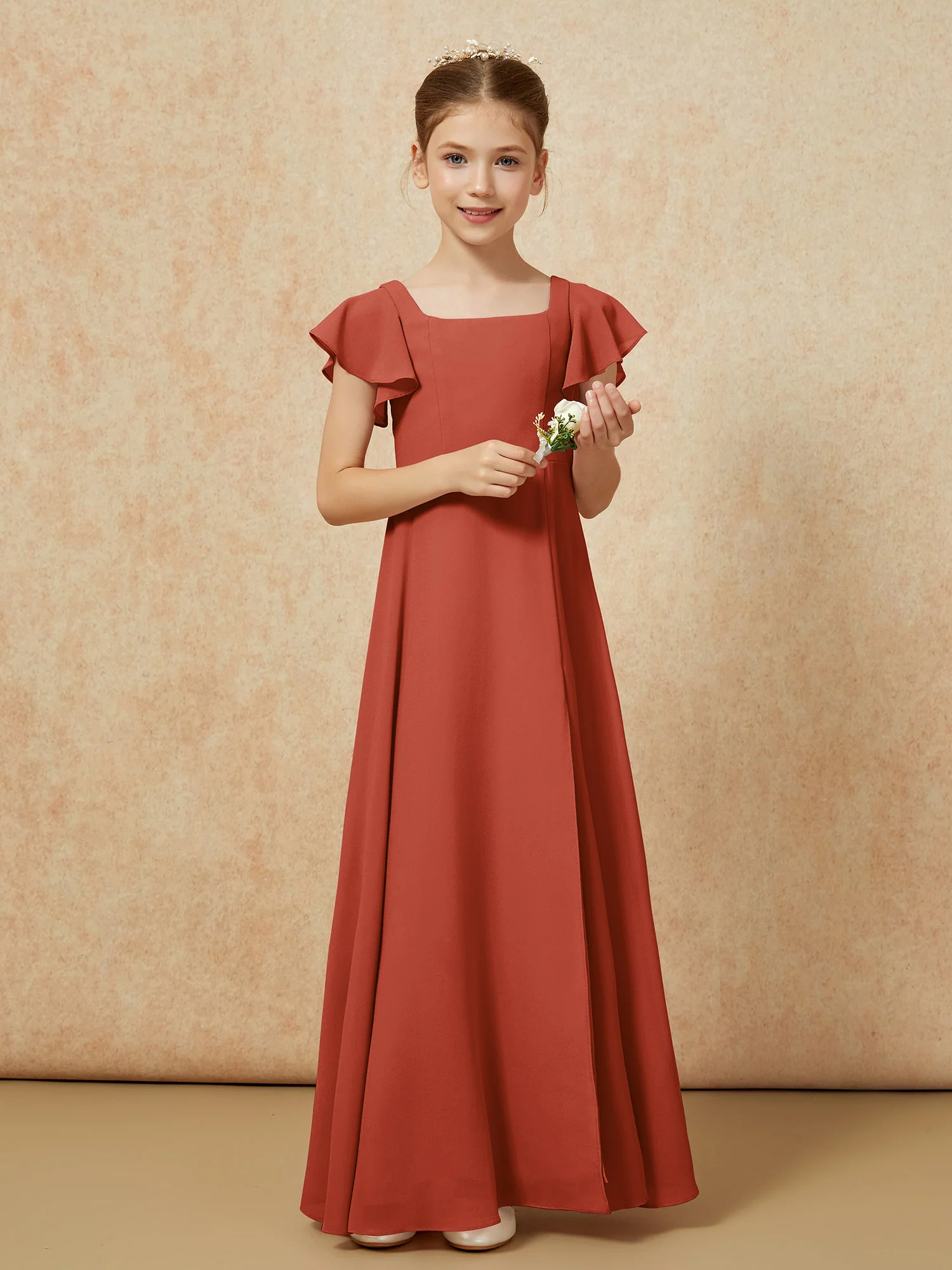 Flutter Sleeves Long Junior Bridesmaid Dresses With Slit Rust - Image 5
