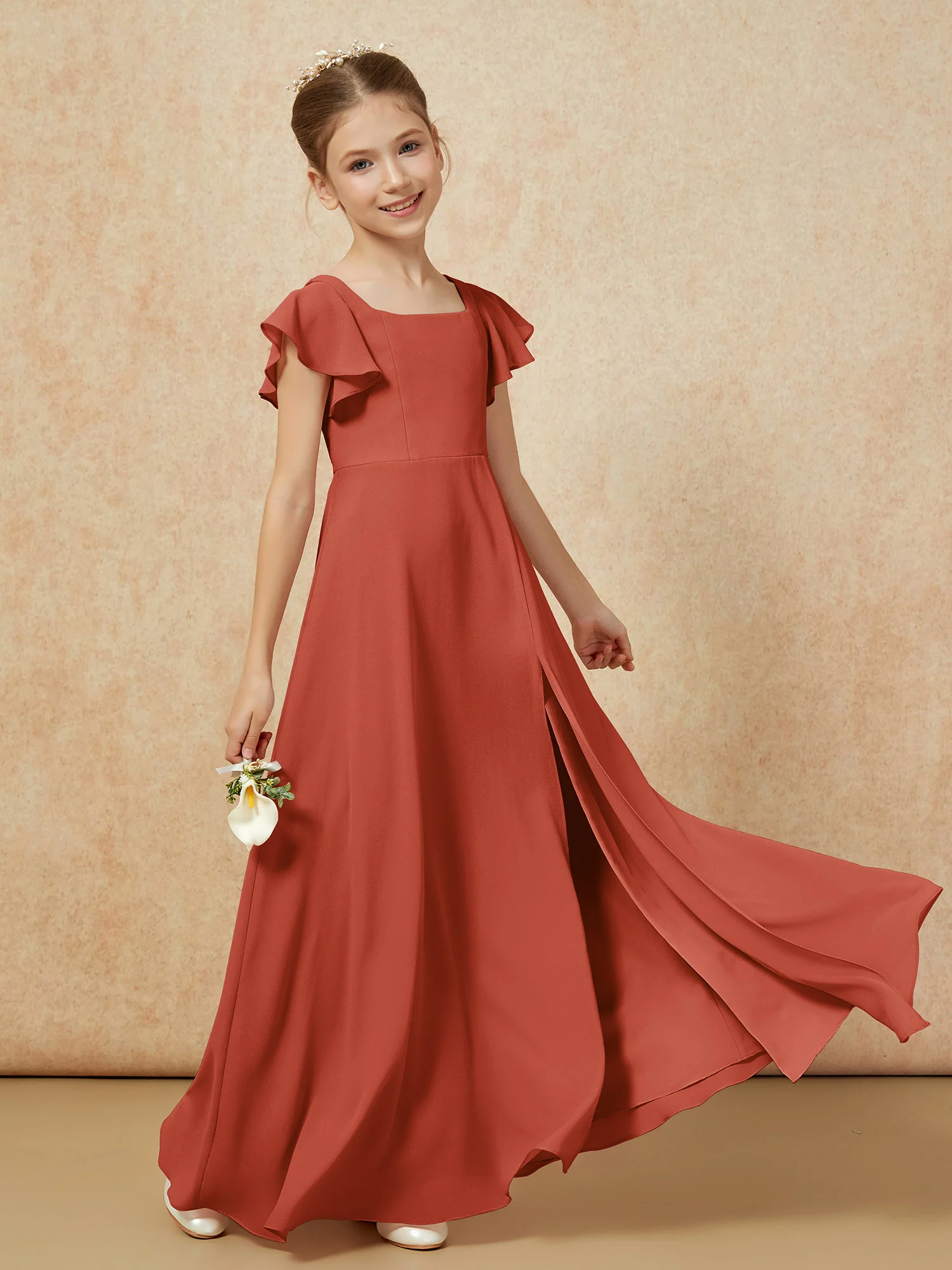 Flutter Sleeves Long Junior Bridesmaid Dresses With Slit Rust - Image 6
