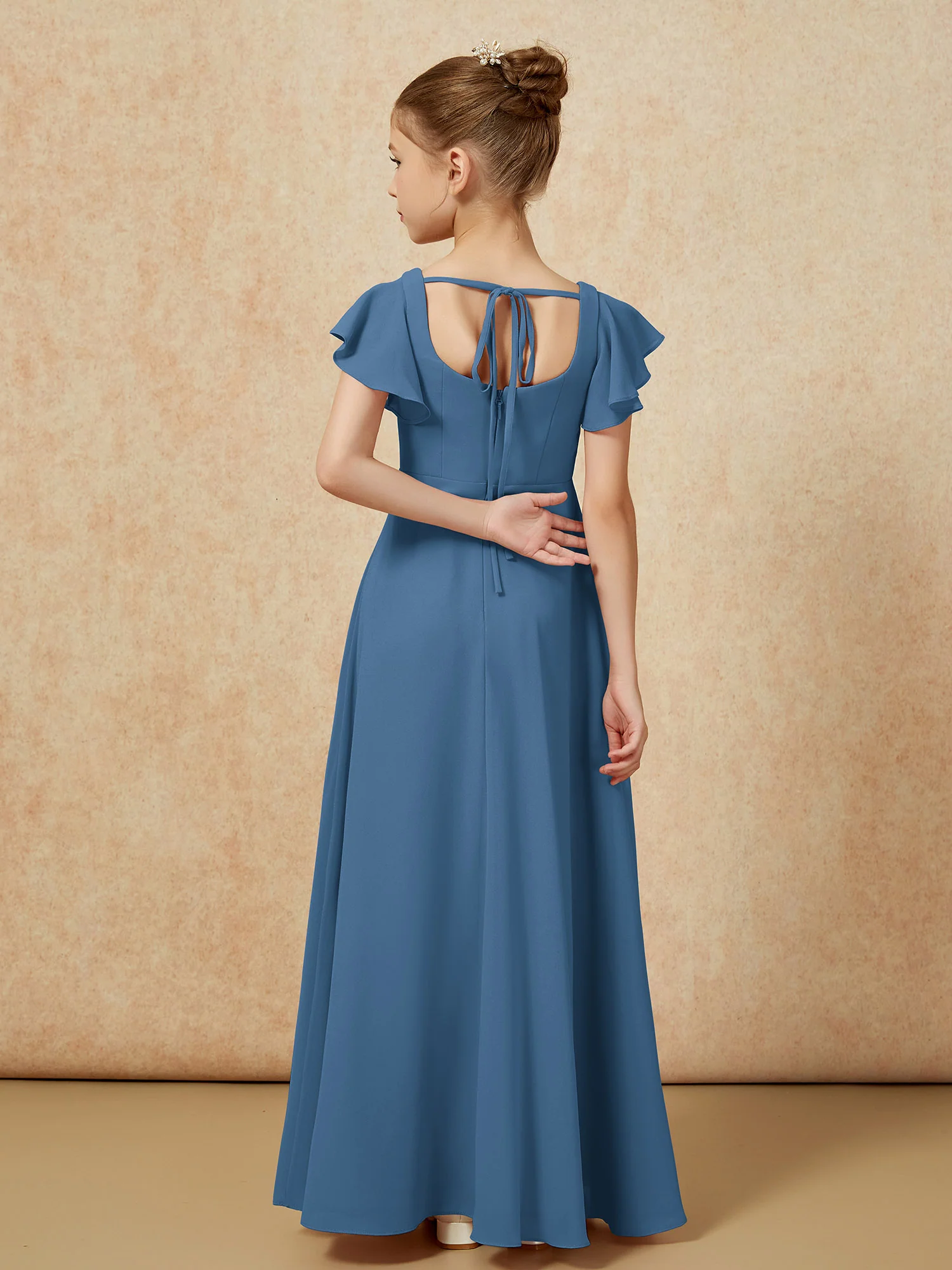 Flutter Sleeves Long Junior Bridesmaid Dresses With Slit Slate Blue - Image 2