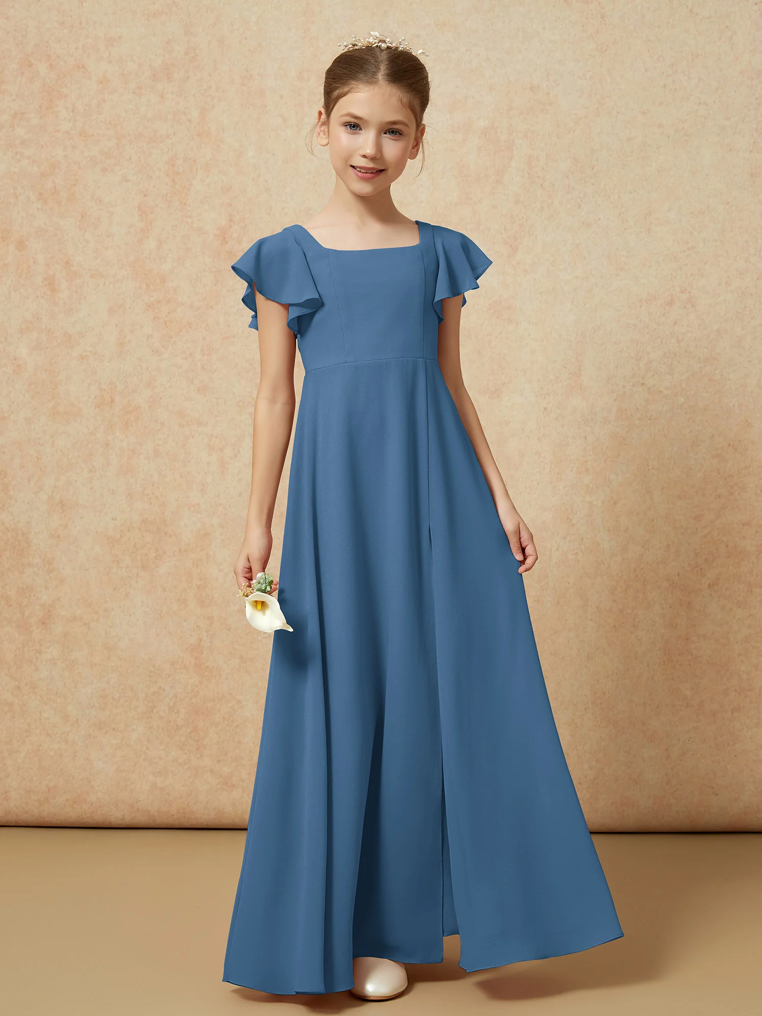 Flutter Sleeves Long Junior Bridesmaid Dresses With Slit Slate Blue - Image 4