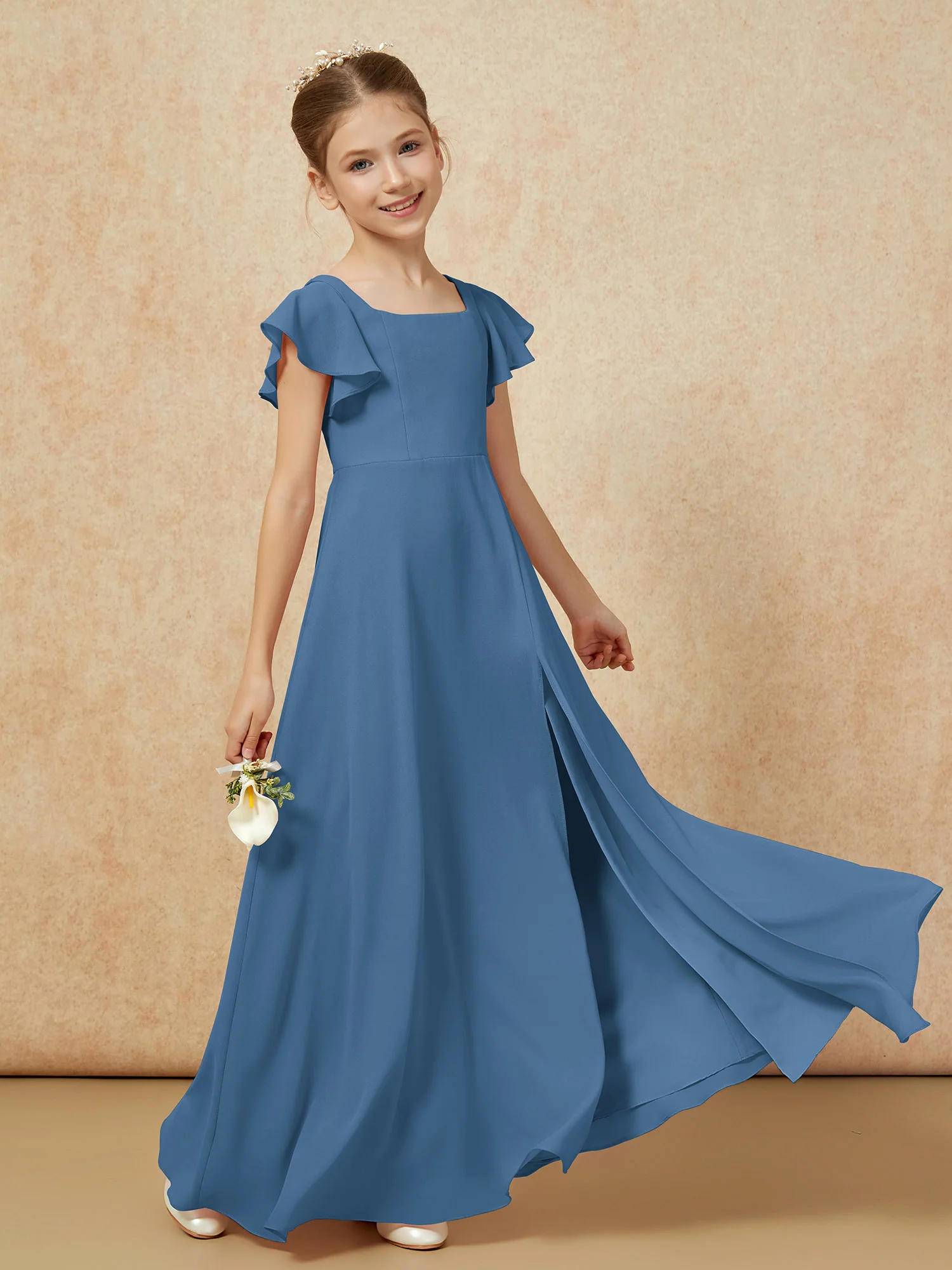Flutter Sleeves Long Junior Bridesmaid Dresses With Slit Slate Blue - Image 6