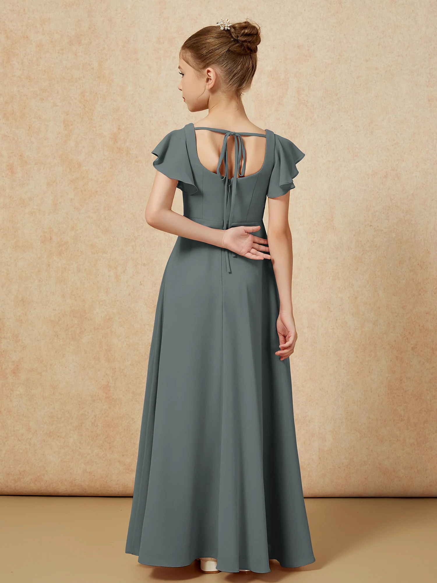 Flutter Sleeves Long Junior Bridesmaid Dresses With Slit Steel Grey - Image 2