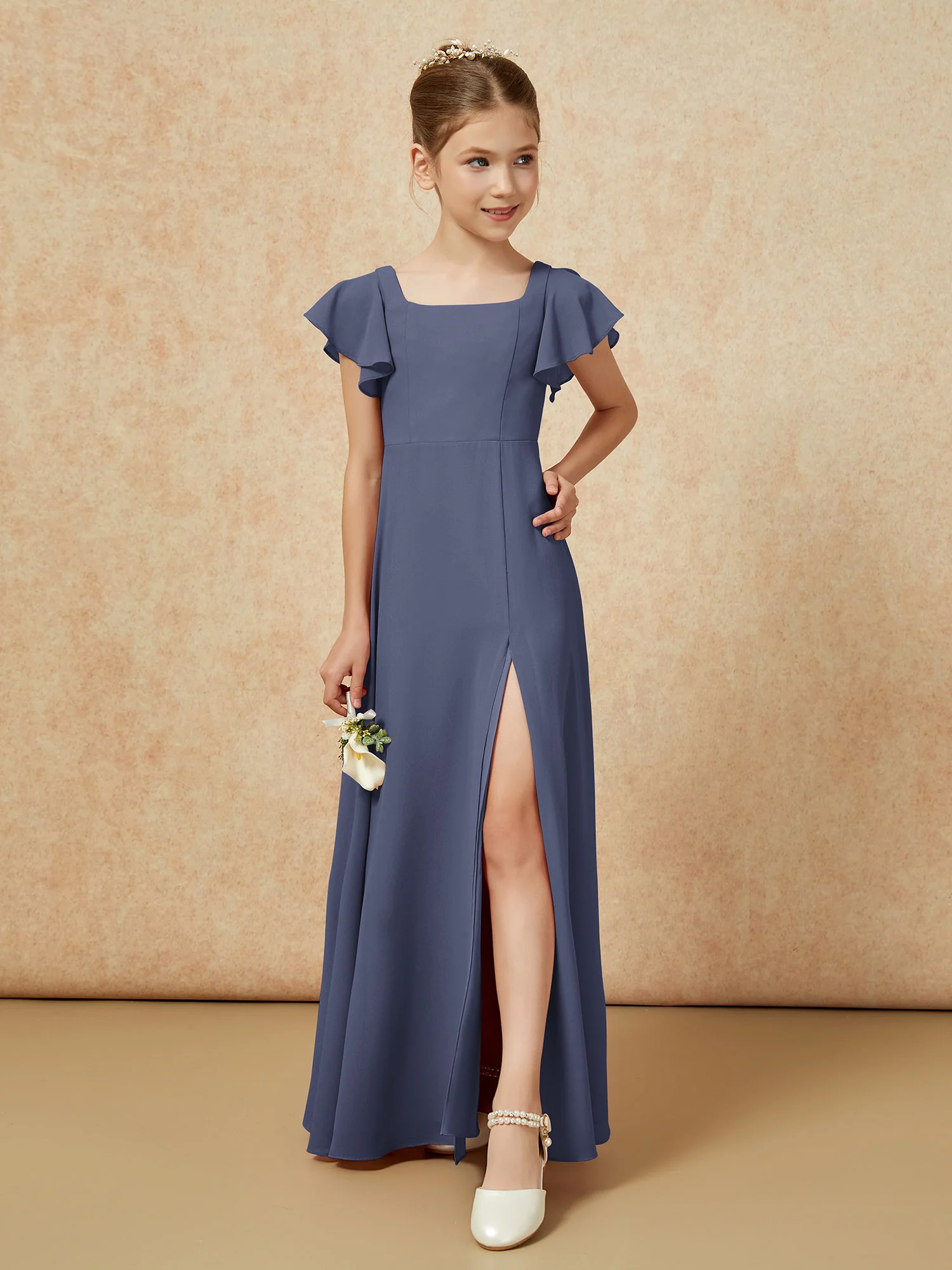 Flutter Sleeves Long Junior Bridesmaid Dresses With Slit Stormy