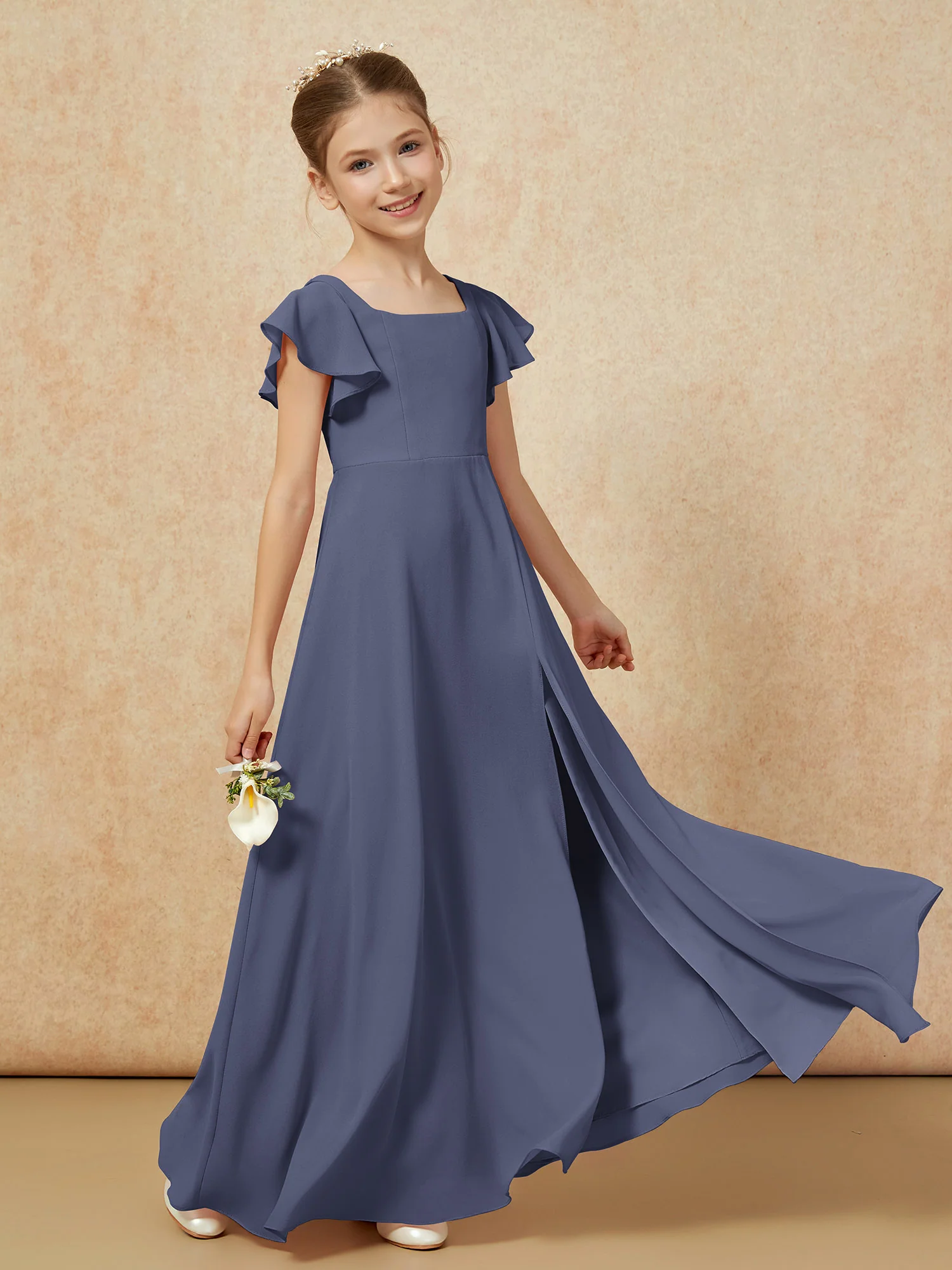 Flutter Sleeves Long Junior Bridesmaid Dresses With Slit Stormy - Image 6