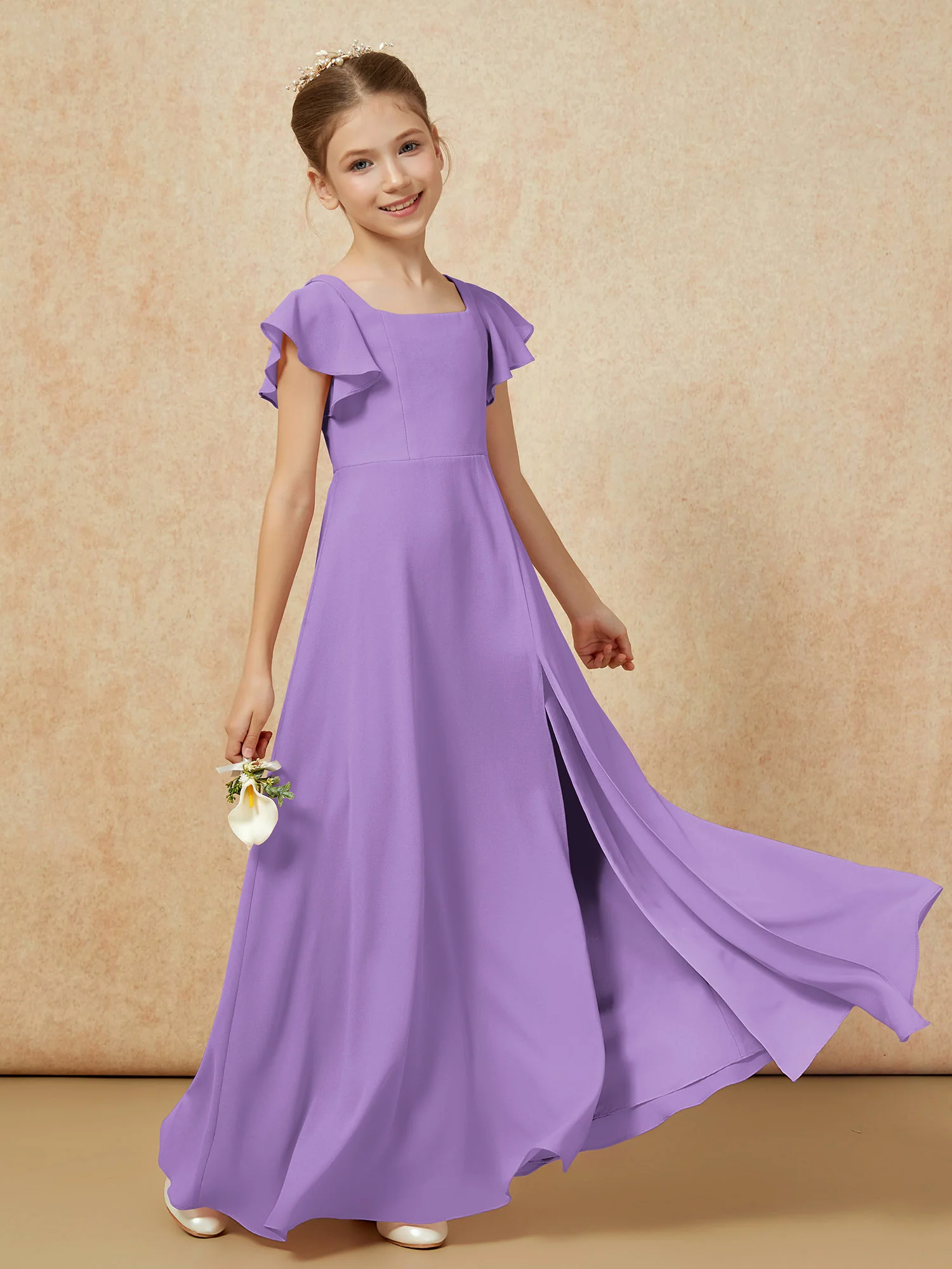 Flutter Sleeves Long Junior Bridesmaid Dresses With Slit Tahiti - Image 6