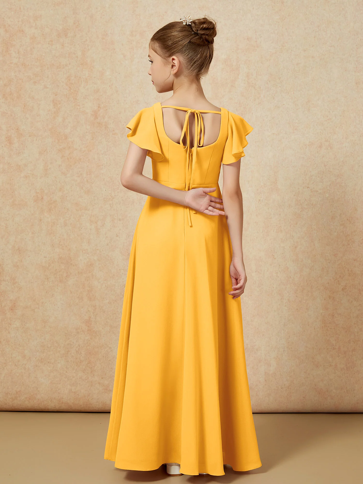 Flutter Sleeves Long Junior Bridesmaid Dresses With Slit Tangerine - Image 2