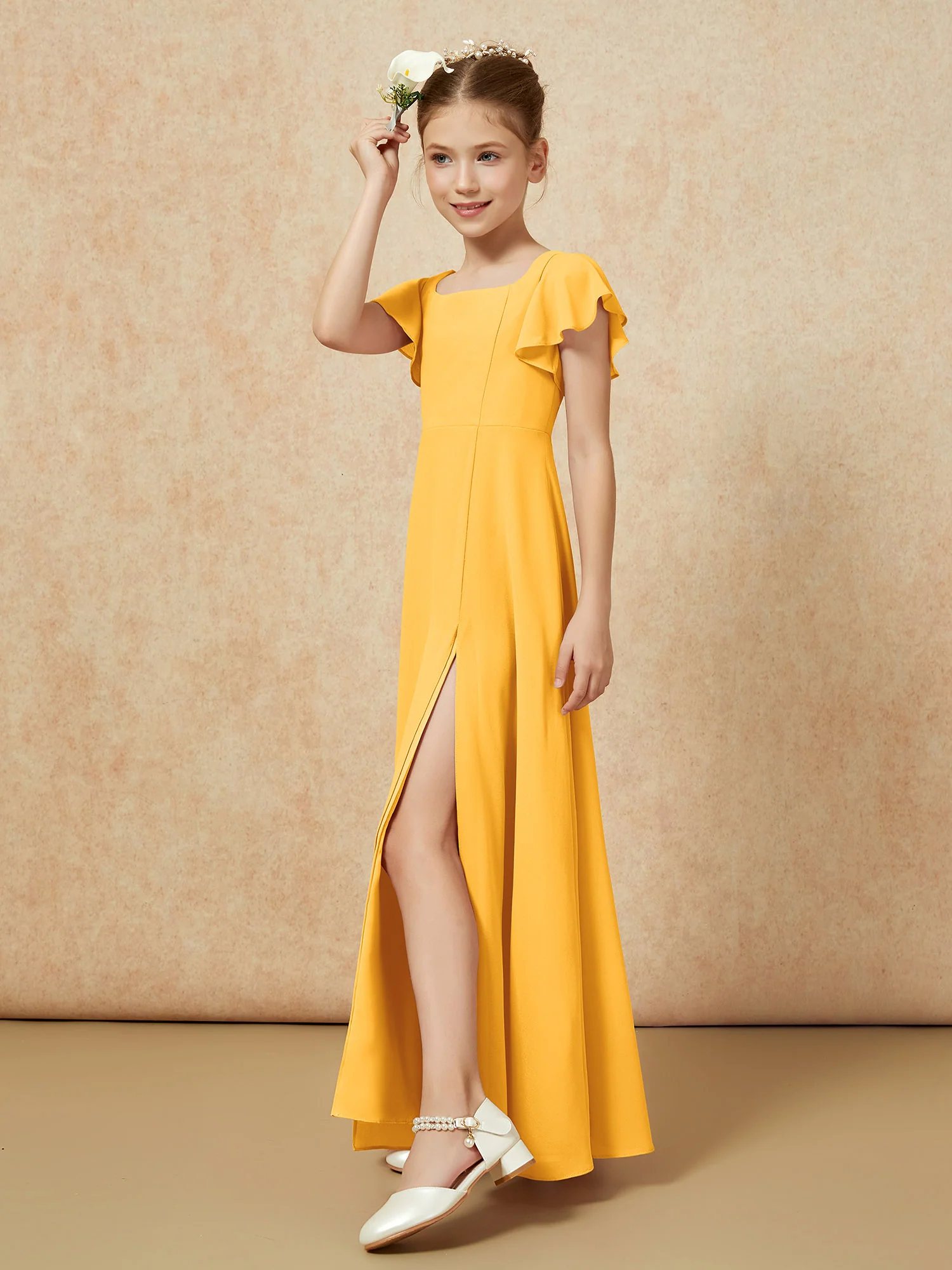 Flutter Sleeves Long Junior Bridesmaid Dresses With Slit Tangerine - Image 3