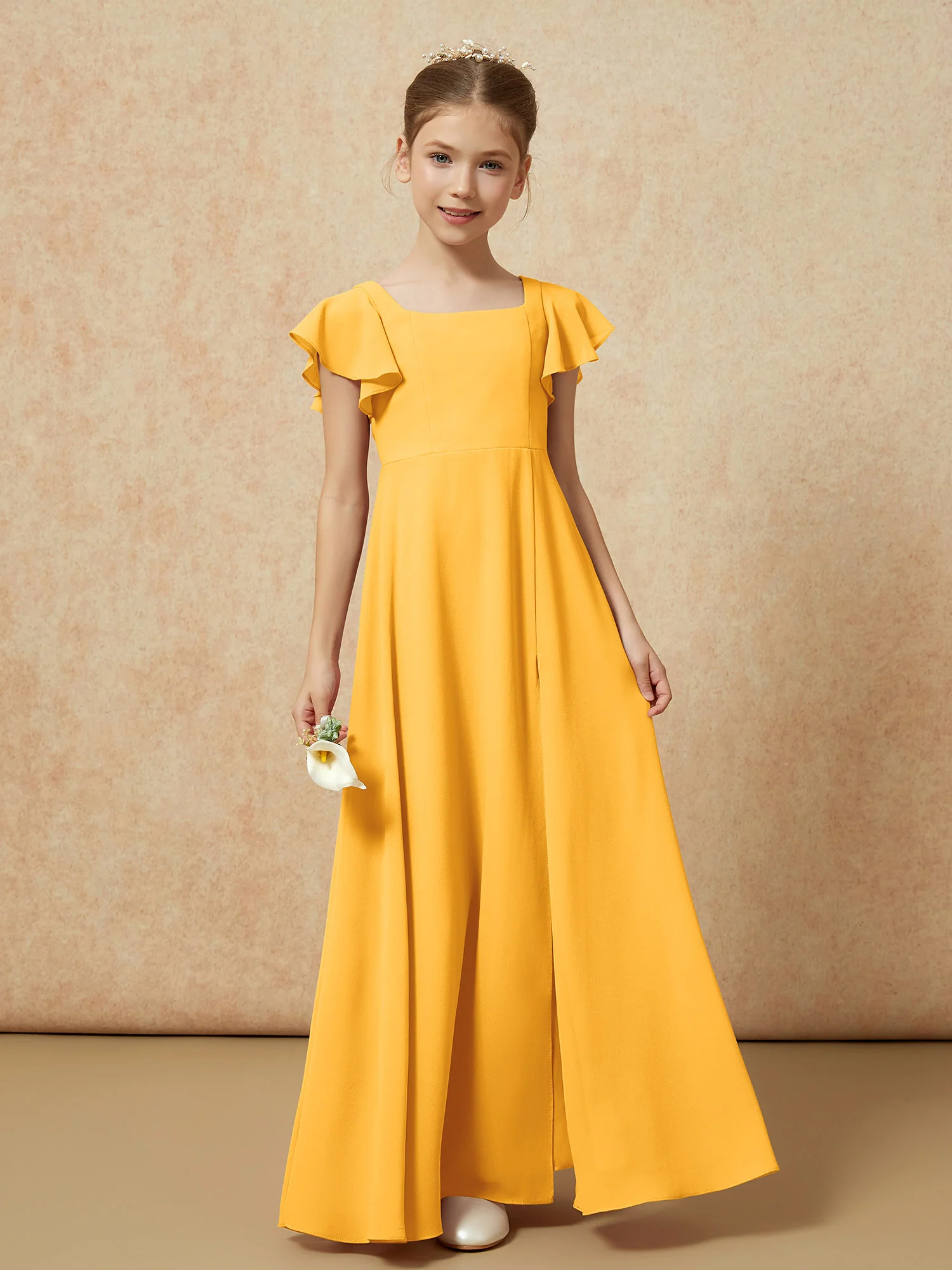 Flutter Sleeves Long Junior Bridesmaid Dresses With Slit Tangerine - Image 4