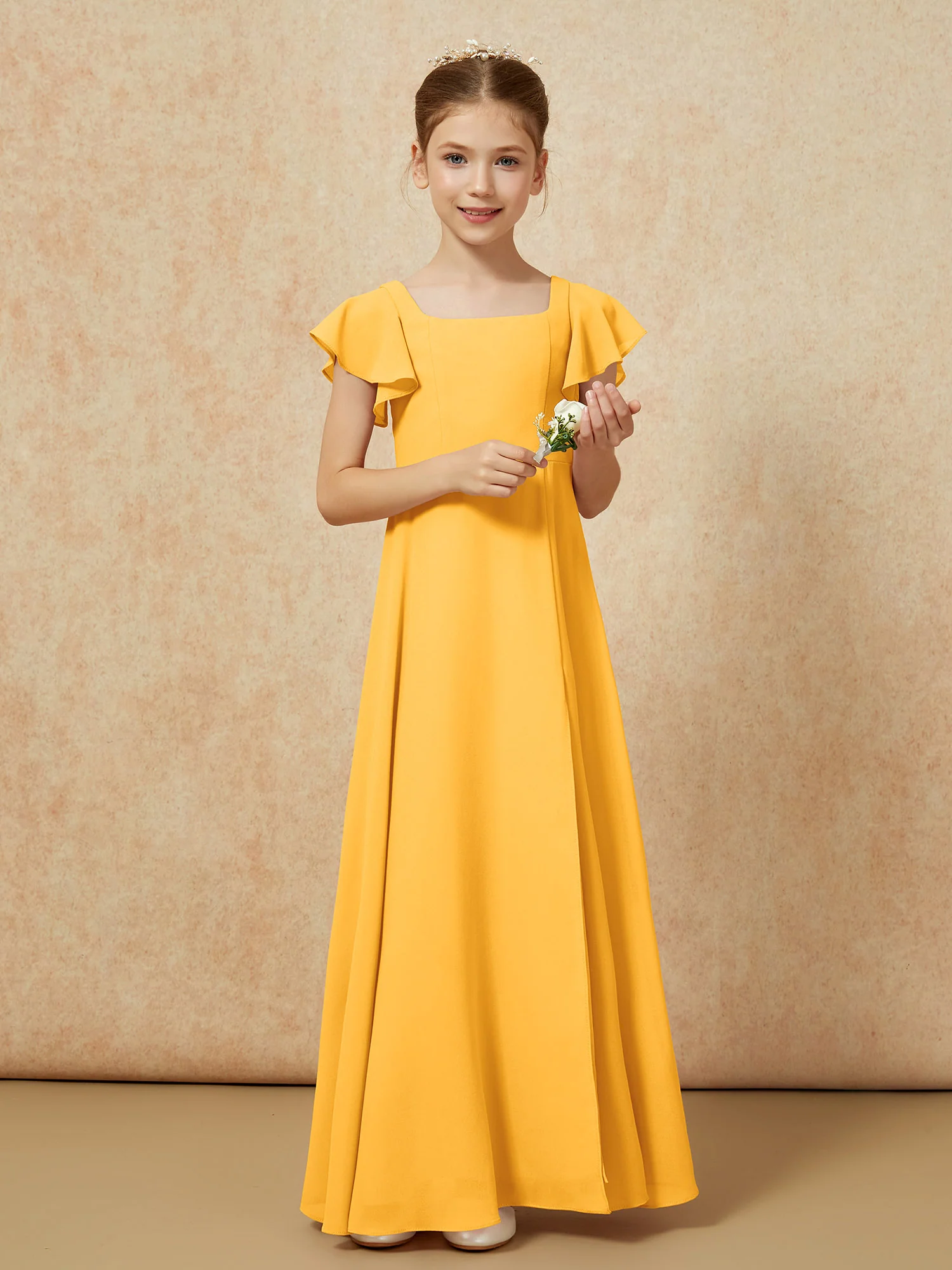 Flutter Sleeves Long Junior Bridesmaid Dresses With Slit Tangerine - Image 5