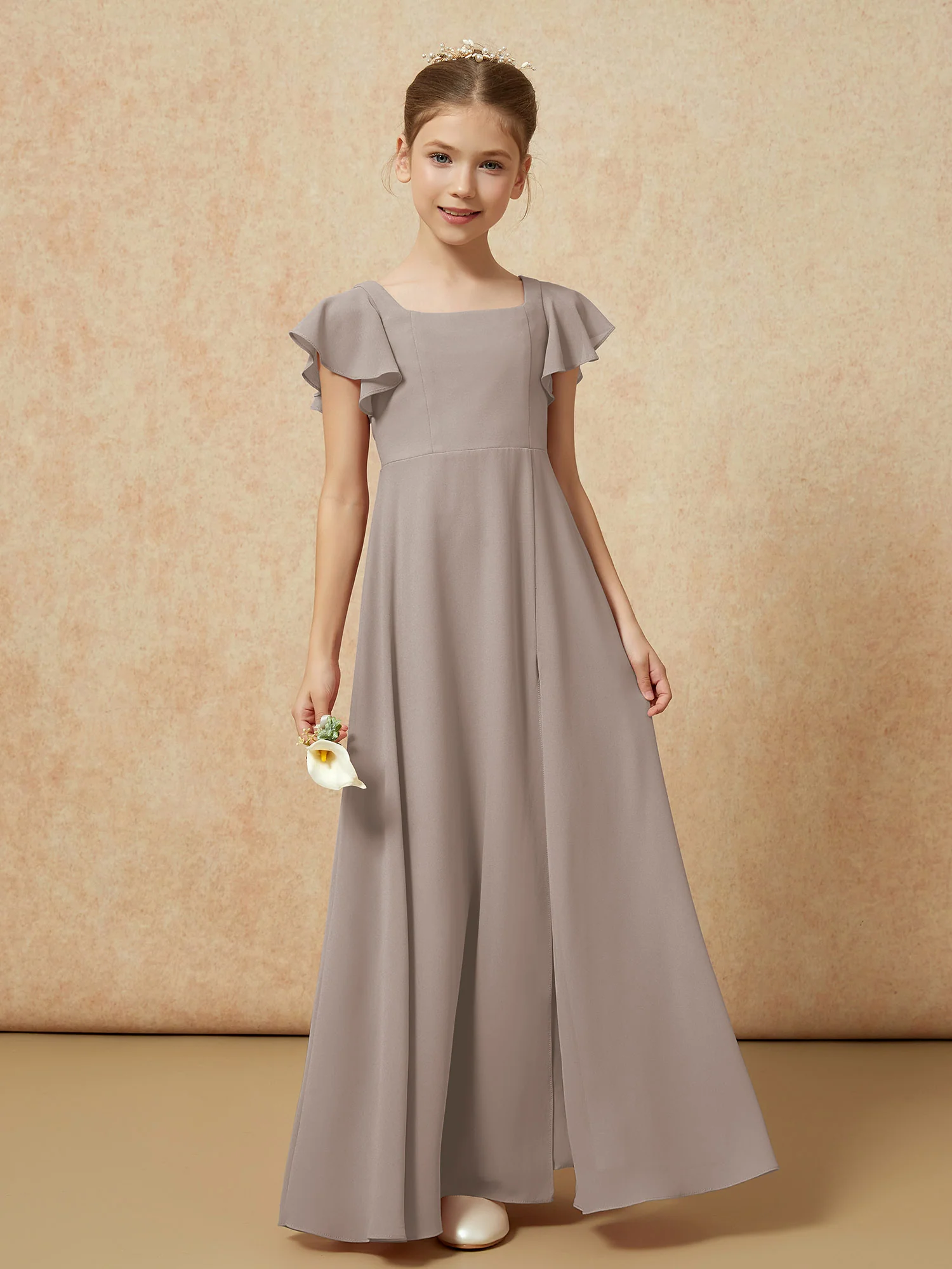 Flutter Sleeves Long Junior Bridesmaid Dresses With Slit Taupe - Image 4