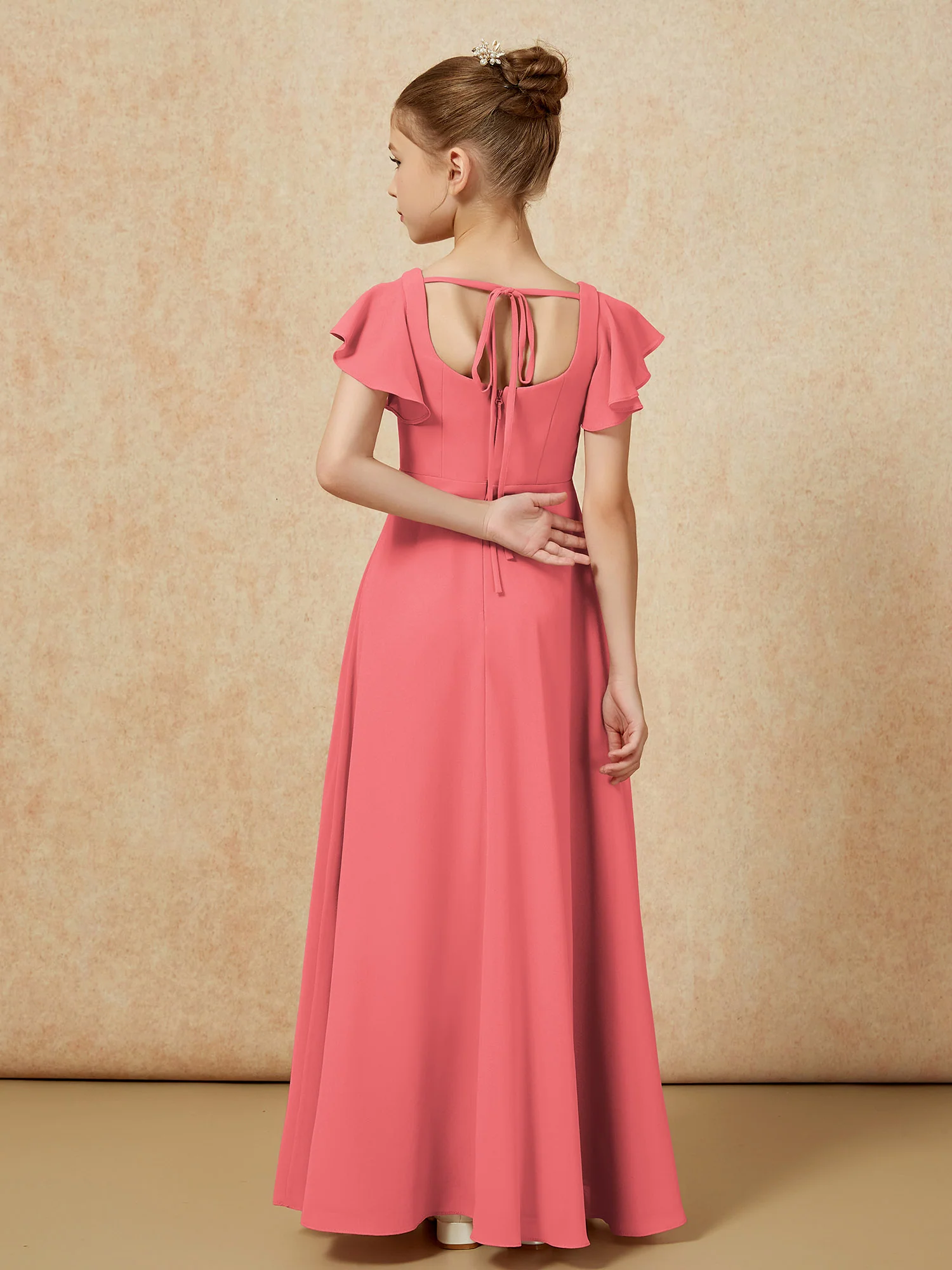 Flutter Sleeves Long Junior Bridesmaid Dresses With Slit Watermelon - Image 2