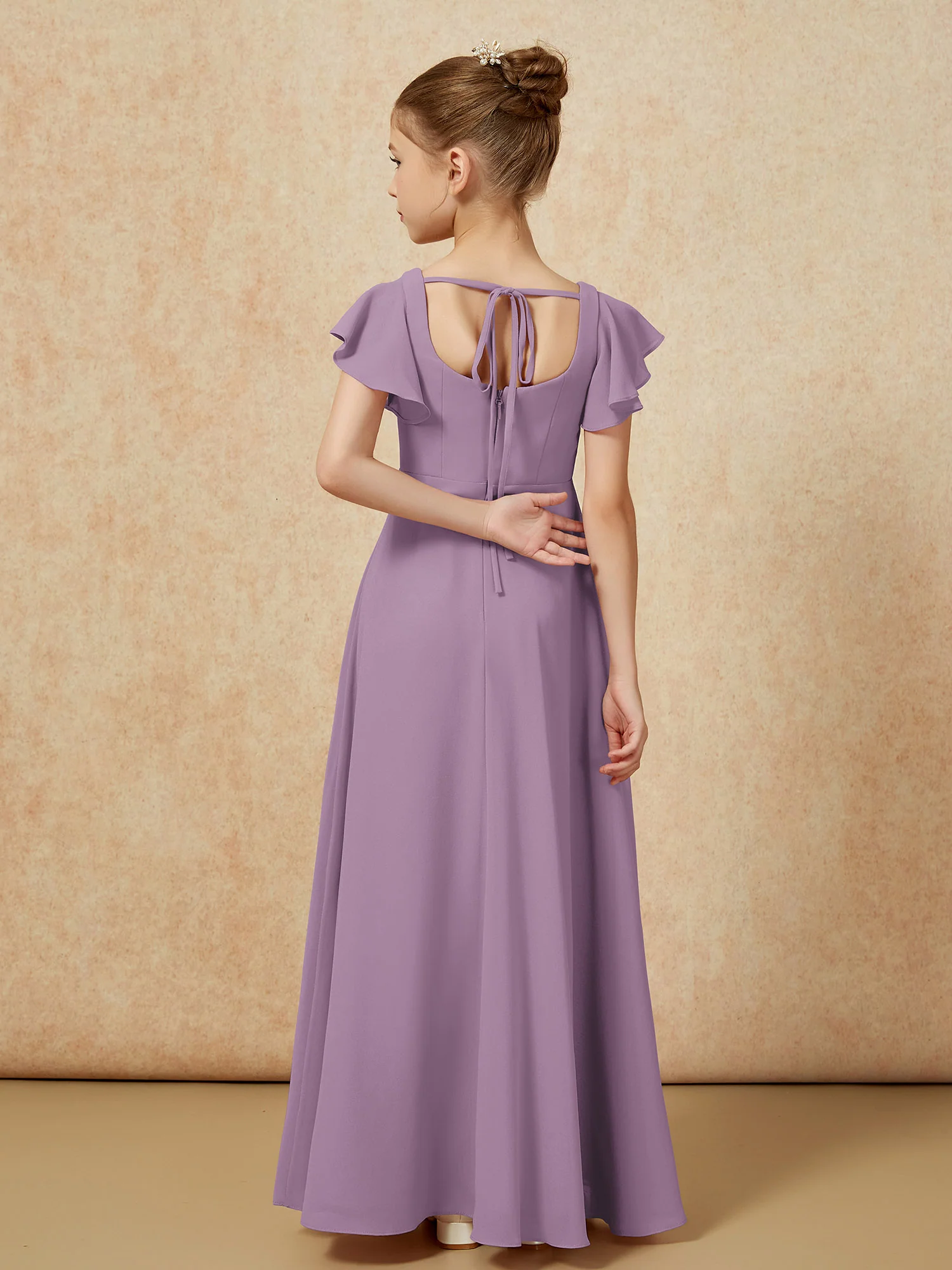Flutter Sleeves Long Junior Bridesmaid Dresses With Slit Wisteria - Image 2