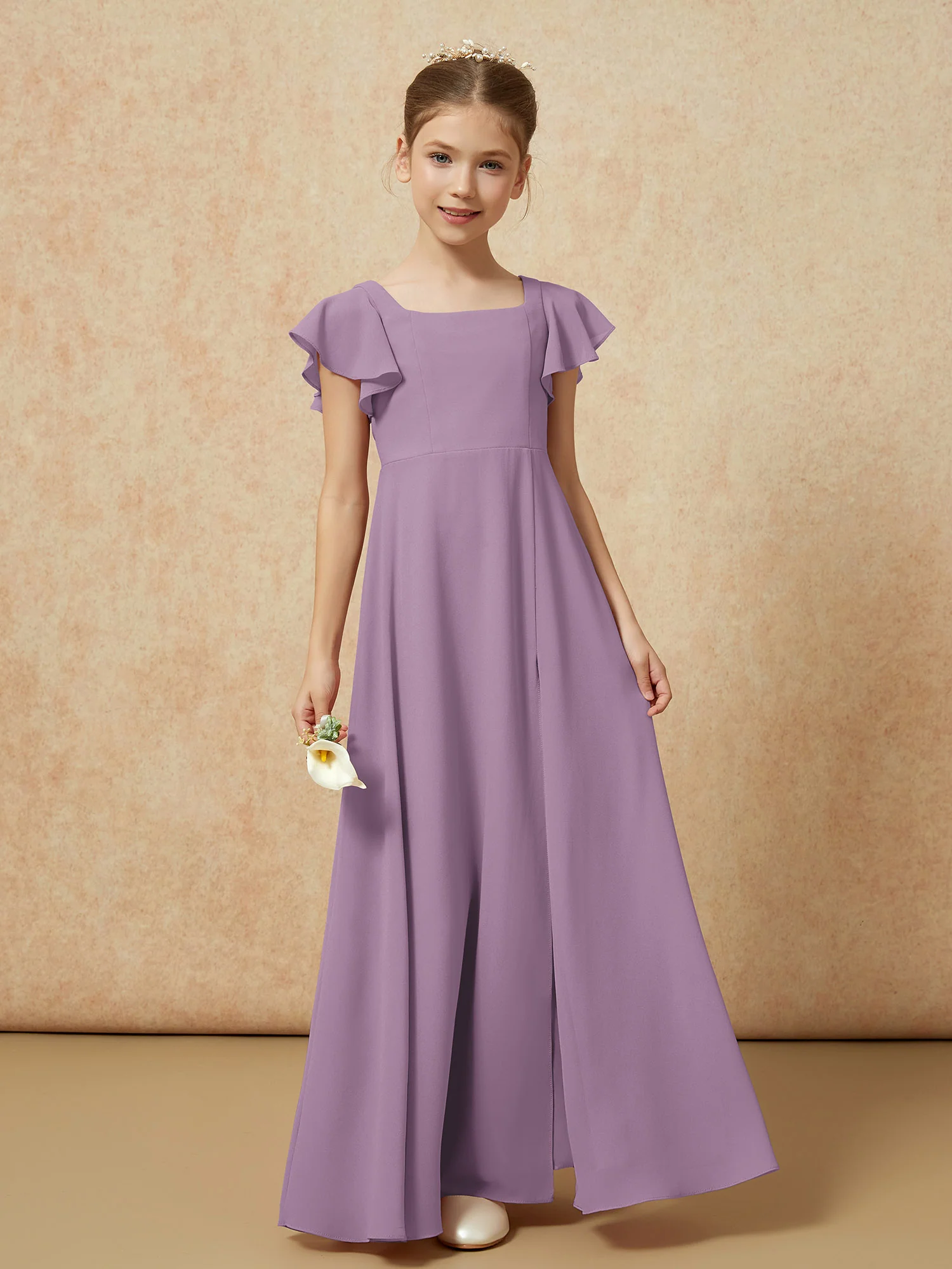 Flutter Sleeves Long Junior Bridesmaid Dresses With Slit Wisteria - Image 4