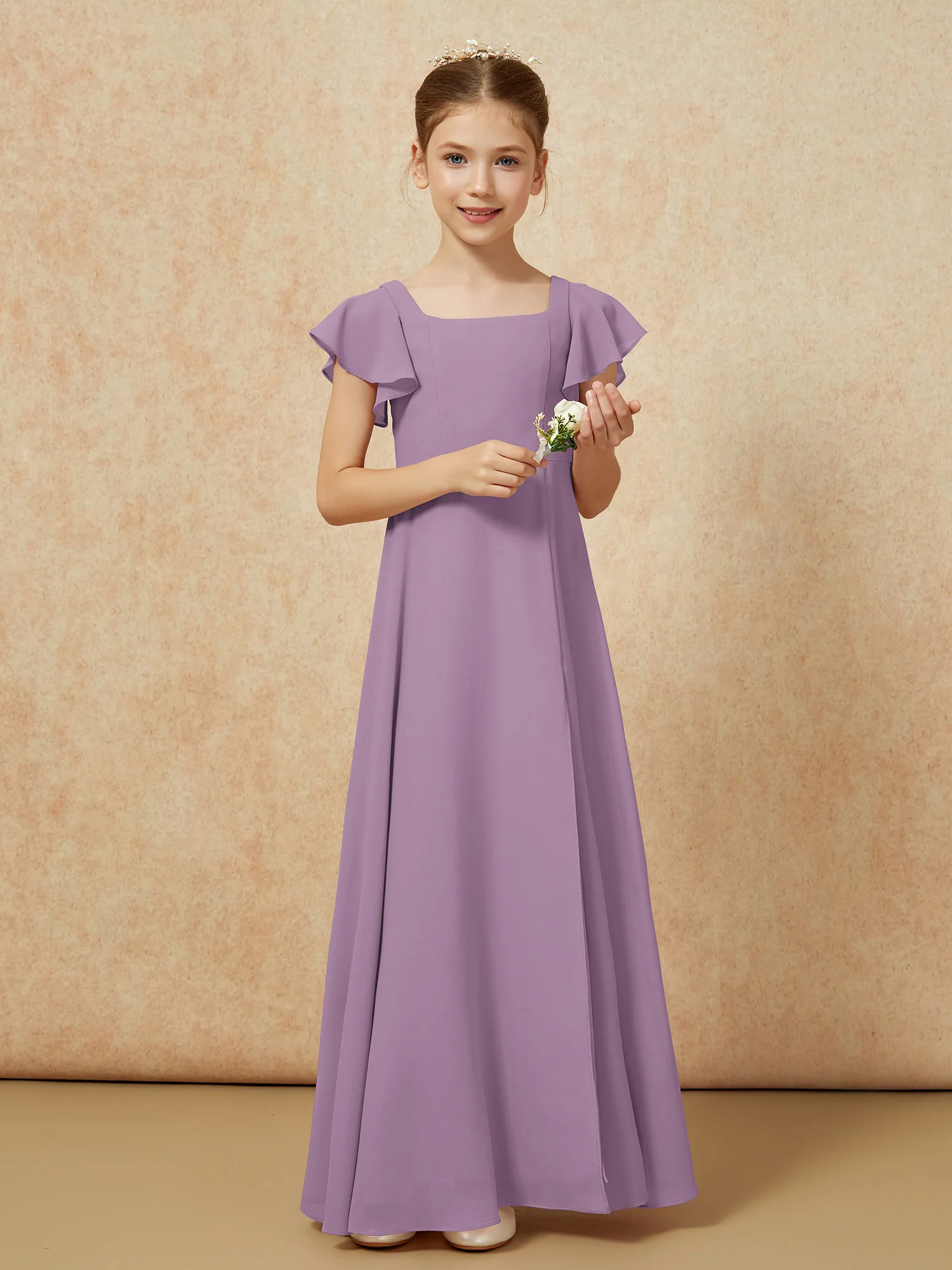 Flutter Sleeves Long Junior Bridesmaid Dresses With Slit Wisteria - Image 5
