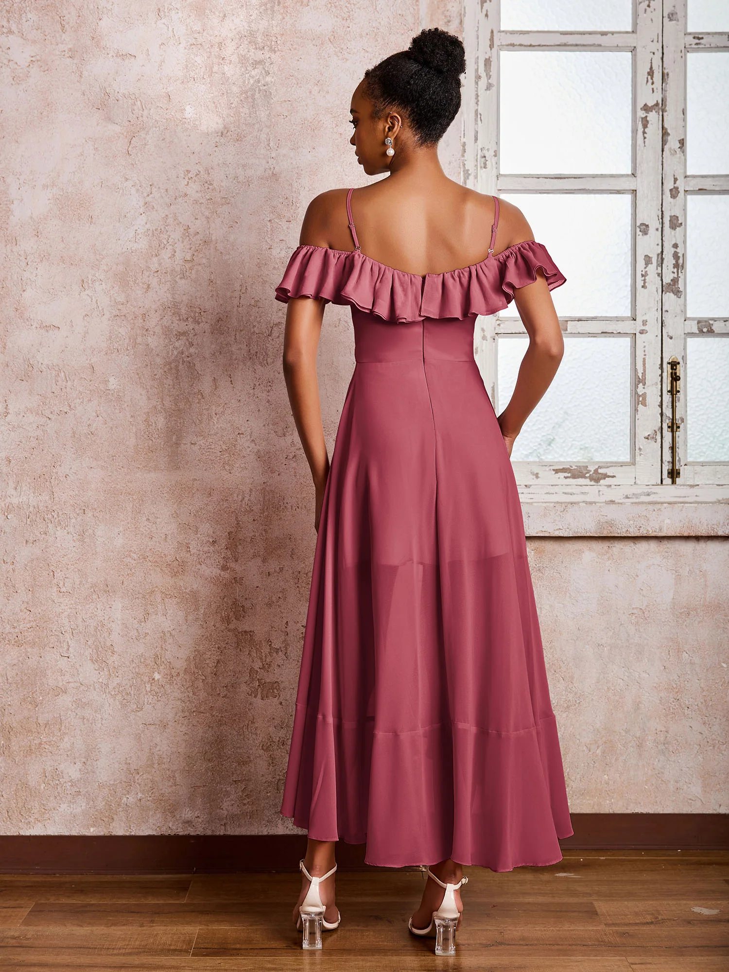 Flutter Sleeves Pleated Off-The-Shoulder Tea-Length Dresses Cinnamon Rose - Image 2