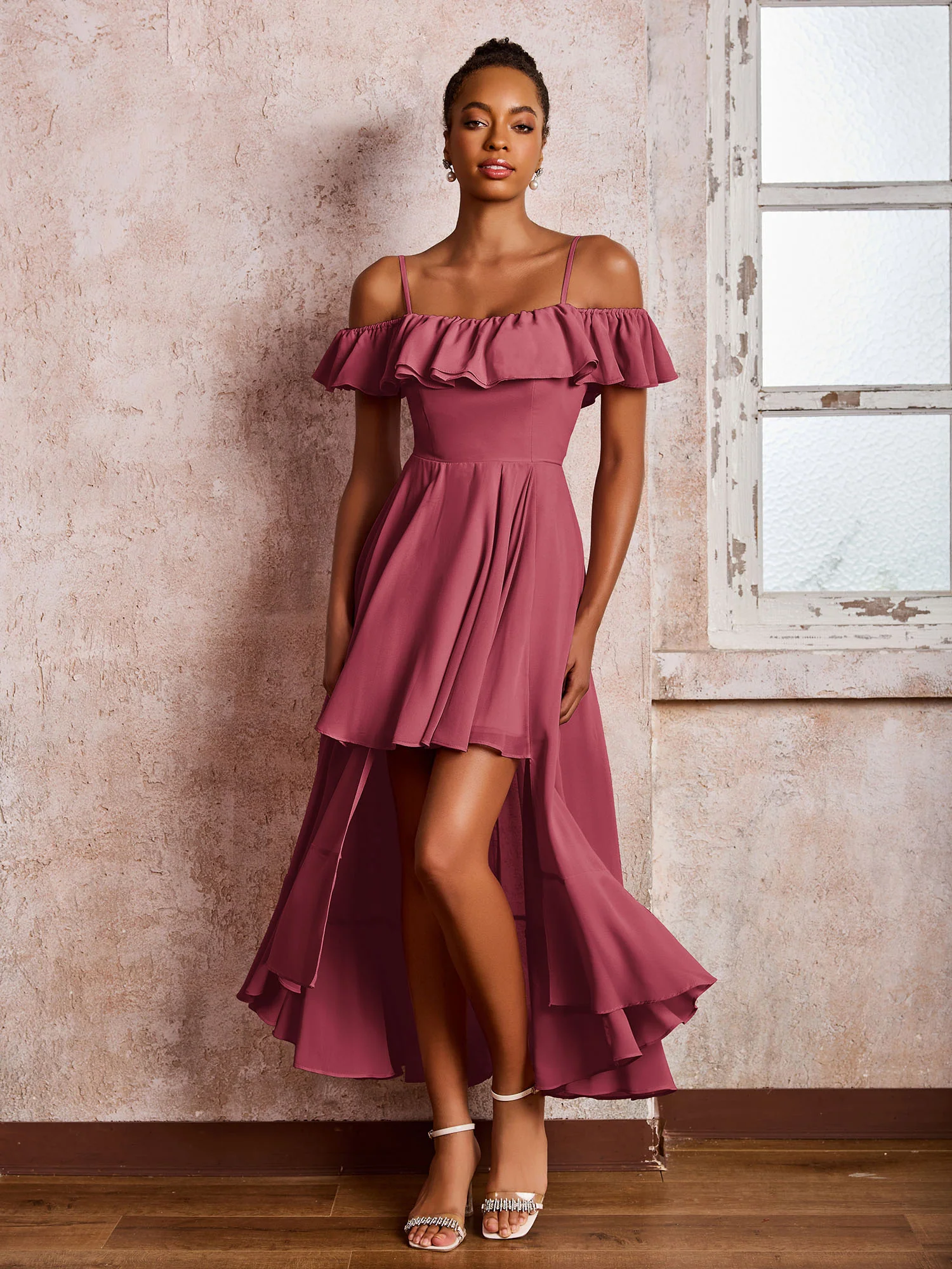 Flutter Sleeves Pleated Off-The-Shoulder Tea-Length Dresses Cinnamon Rose - Image 3