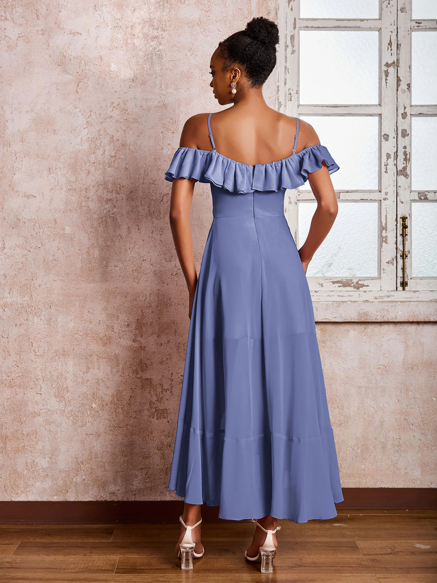 Flutter Sleeves Pleated Off-The-Shoulder Tea-Length Dresses Periwinkle - Image 2