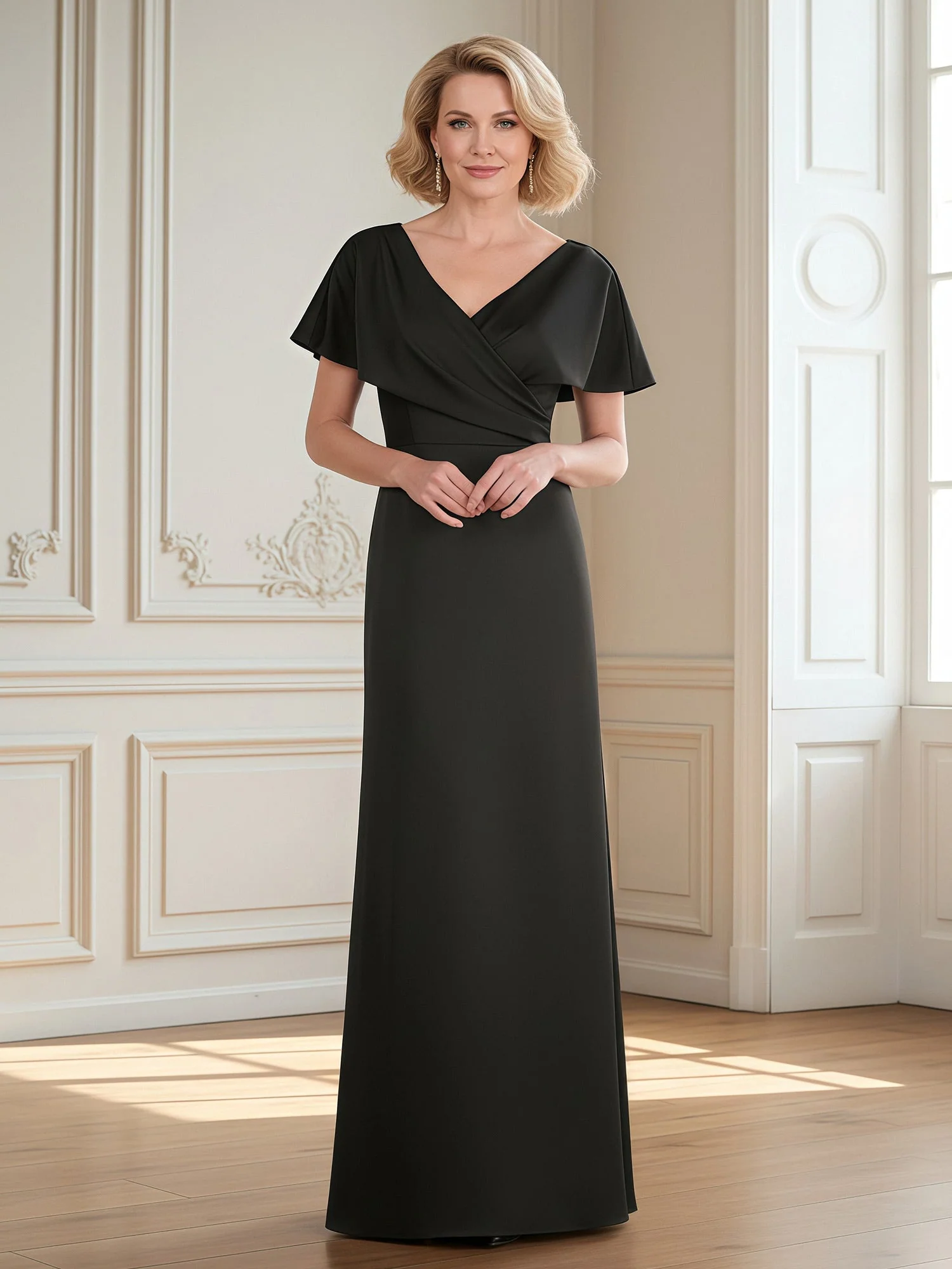 Flutter Sleeves Pleated V-neck Sheath Long Dress Ink Blue