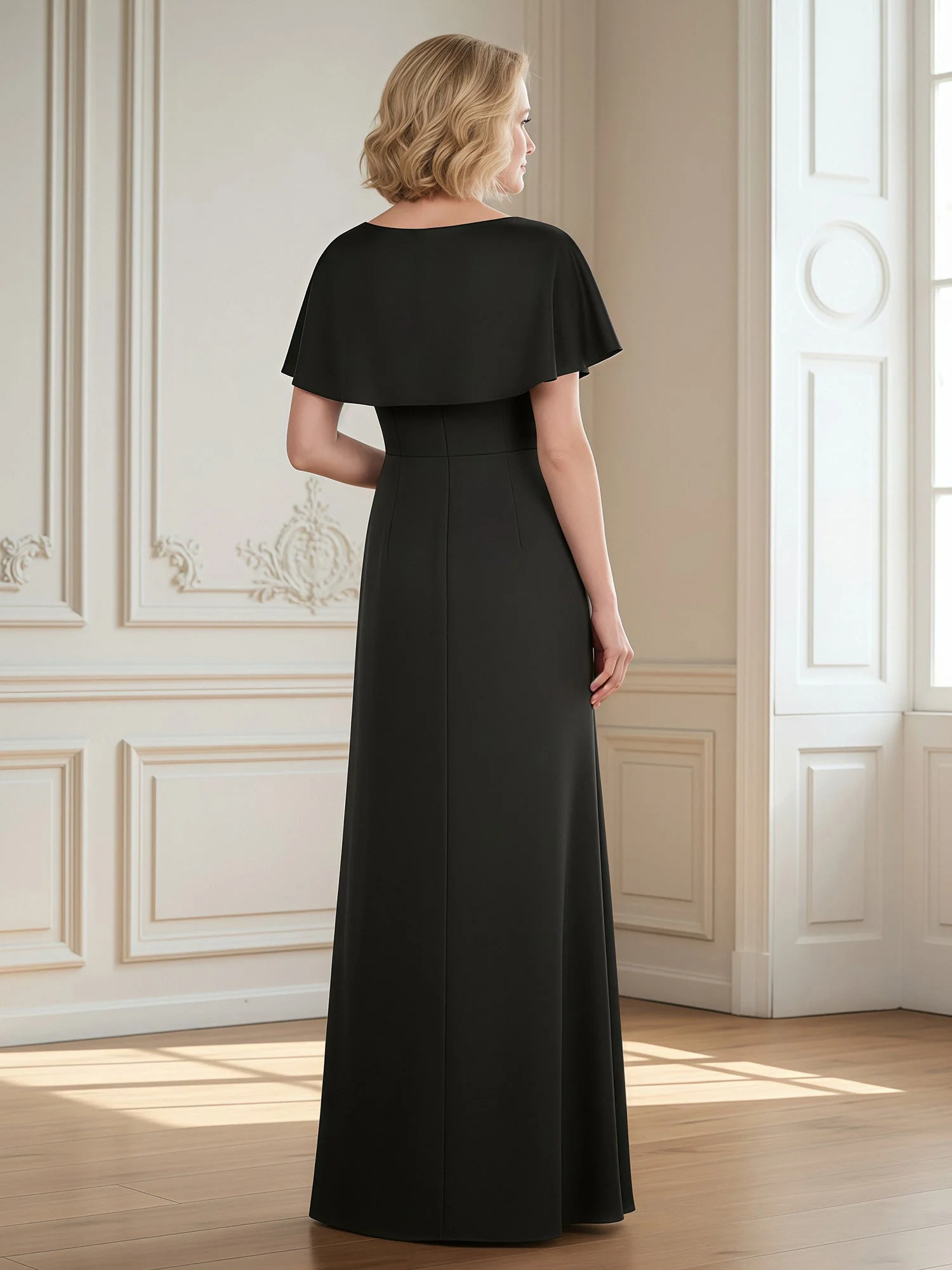Flutter Sleeves Pleated V-neck Sheath Long Dress Peacock - Image 2