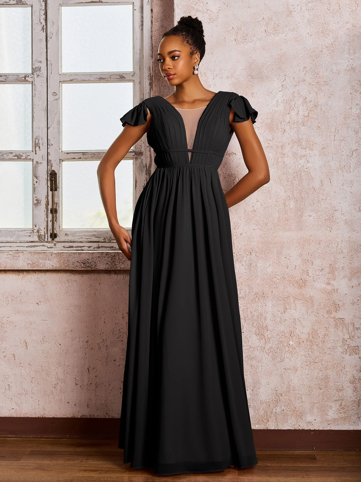 Flutter Sleeves Plunging V-neck Pleated A-line Dresses with Belt Black - Image 3