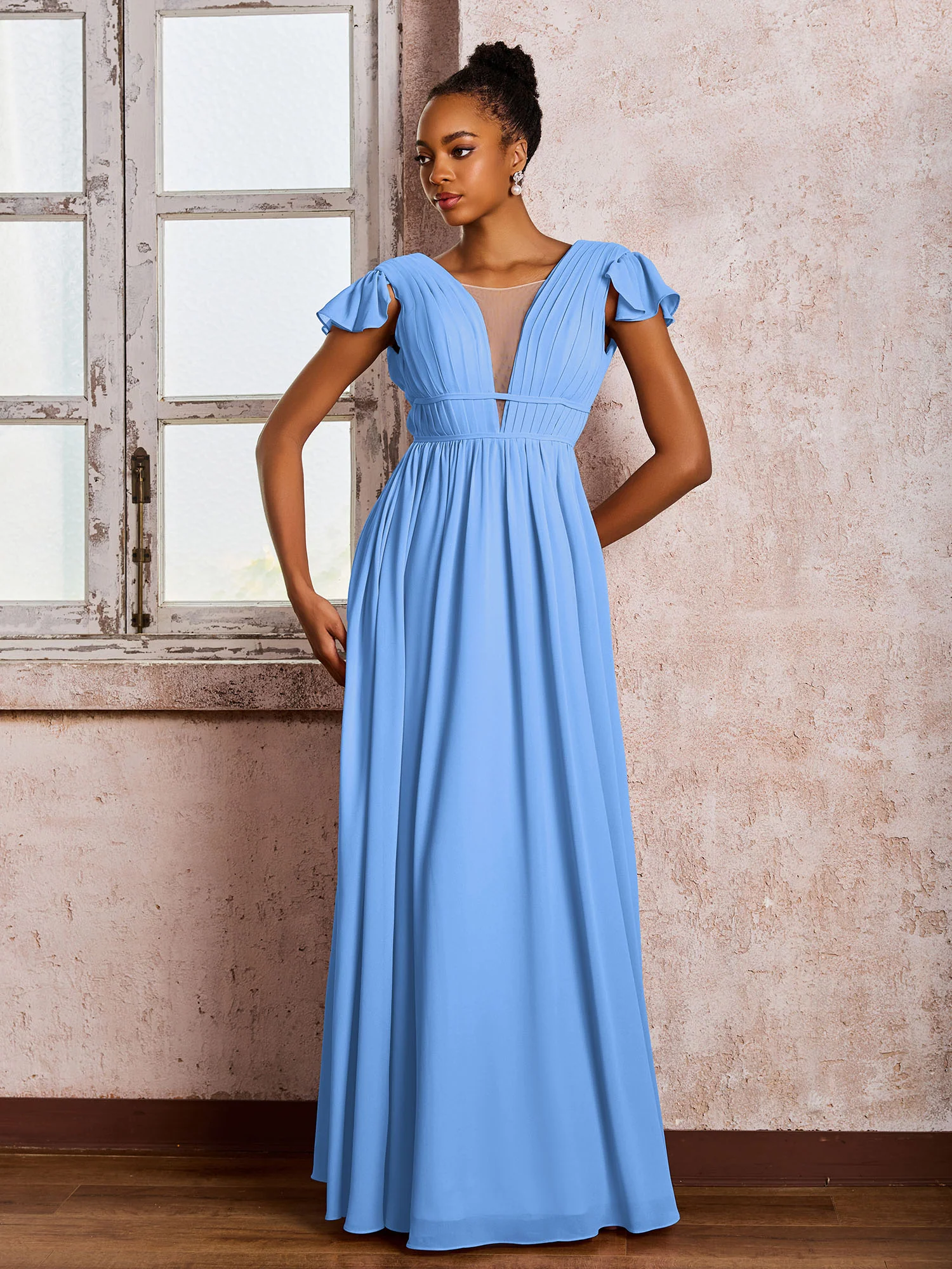 Flutter Sleeves Plunging V-neck Pleated A-line Dresses with Belt Blue - Image 3
