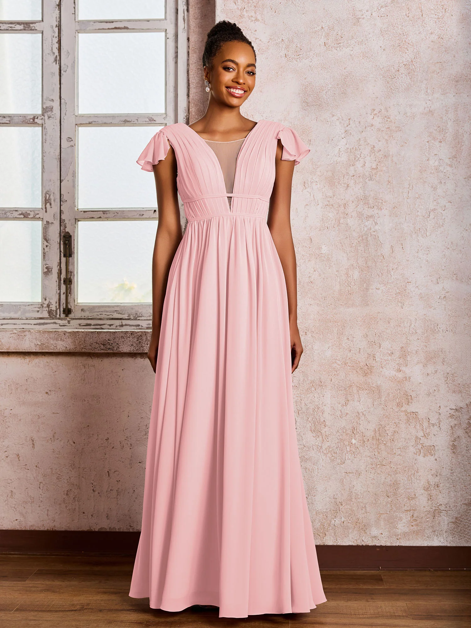 Flutter Sleeves Plunging V-neck Pleated A-line Dresses with Belt Blushing Pink