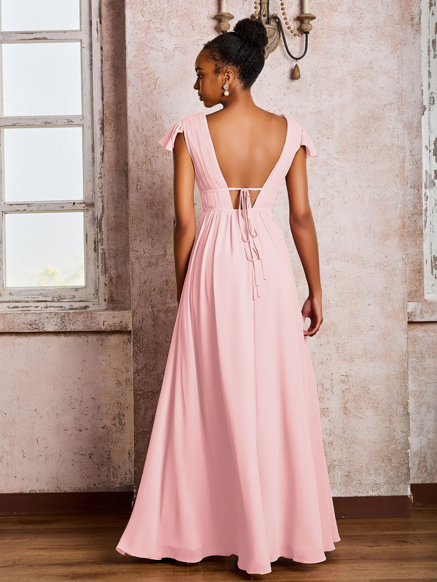 Flutter Sleeves Plunging V-neck Pleated A-line Dresses with Belt Blushing Pink - Image 2