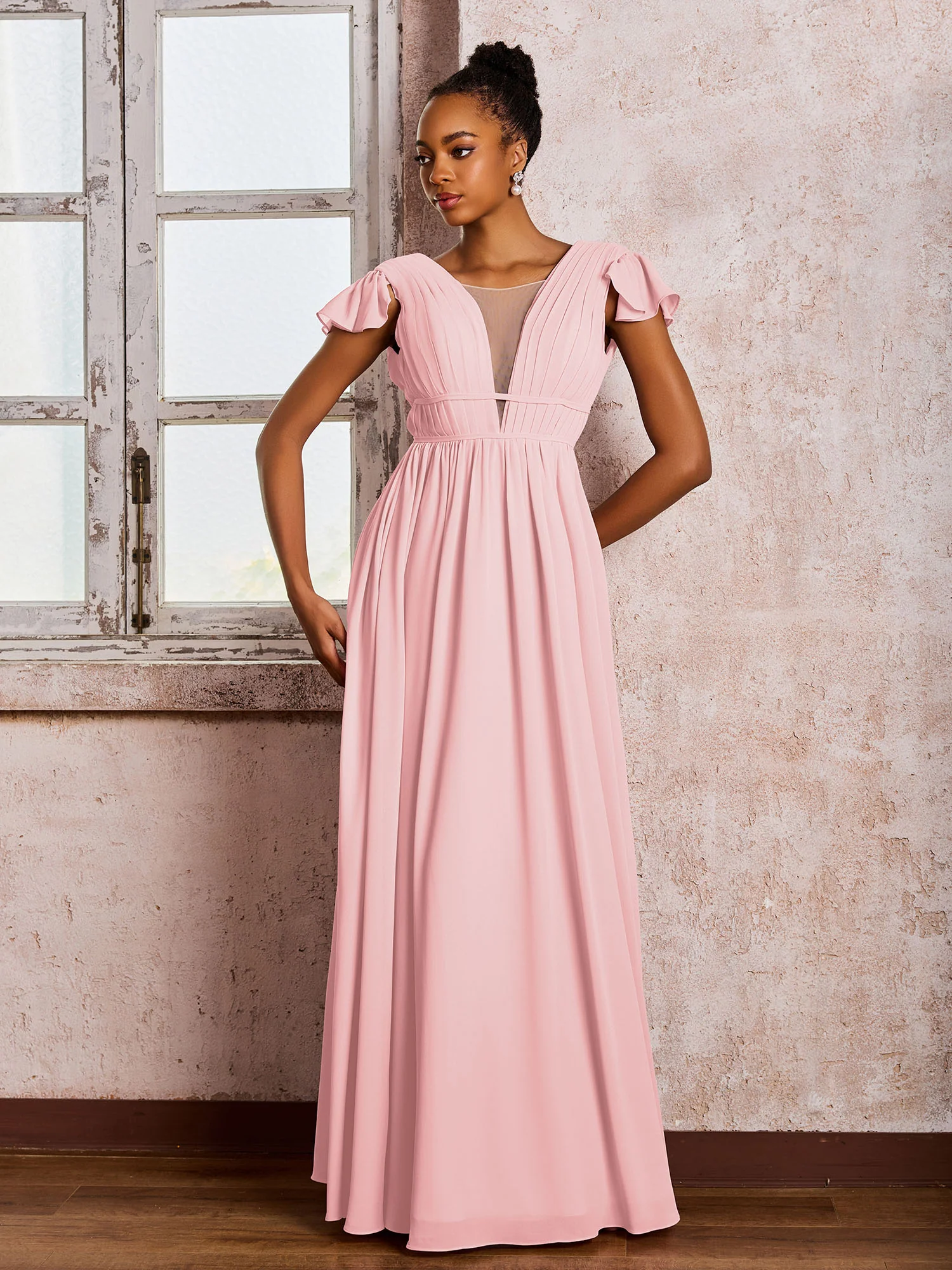 Flutter Sleeves Plunging V-neck Pleated A-line Dresses with Belt Blushing Pink - Image 3