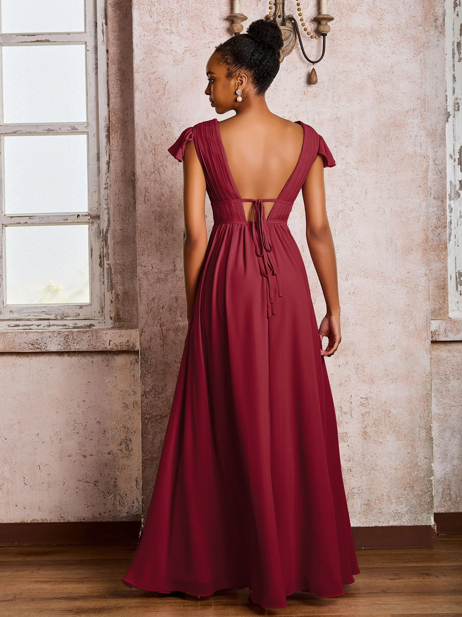 Flutter Sleeves Plunging V-neck Pleated A-line Dresses with Belt Burgundy - Image 2