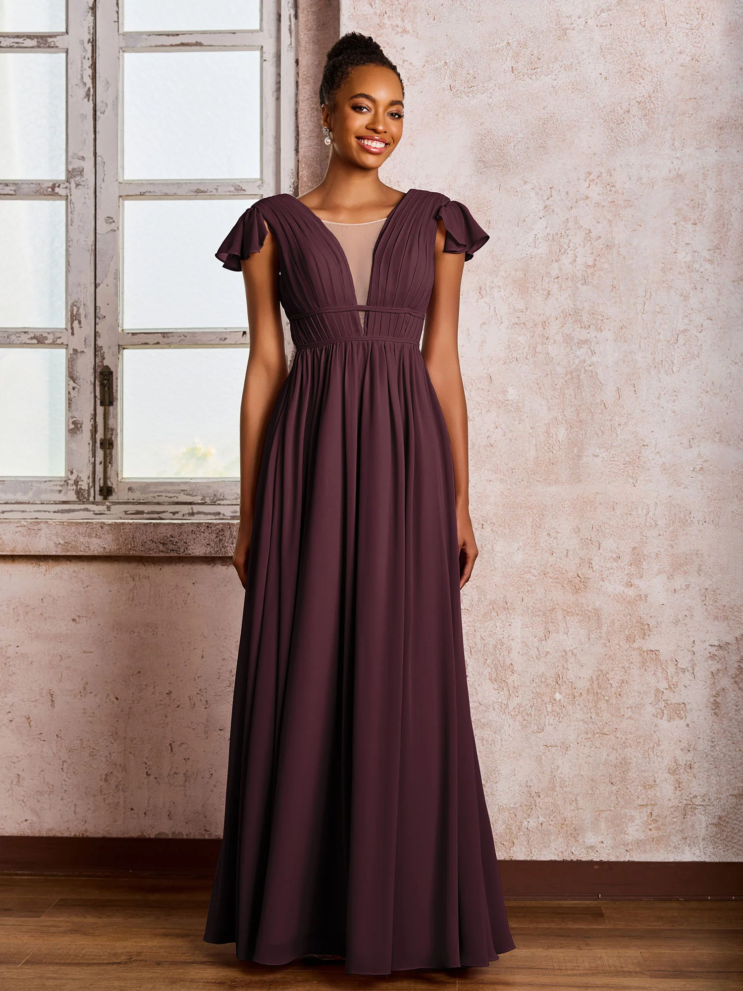 Flutter Sleeves Plunging V-neck Pleated A-line Dresses with Belt Cabernet